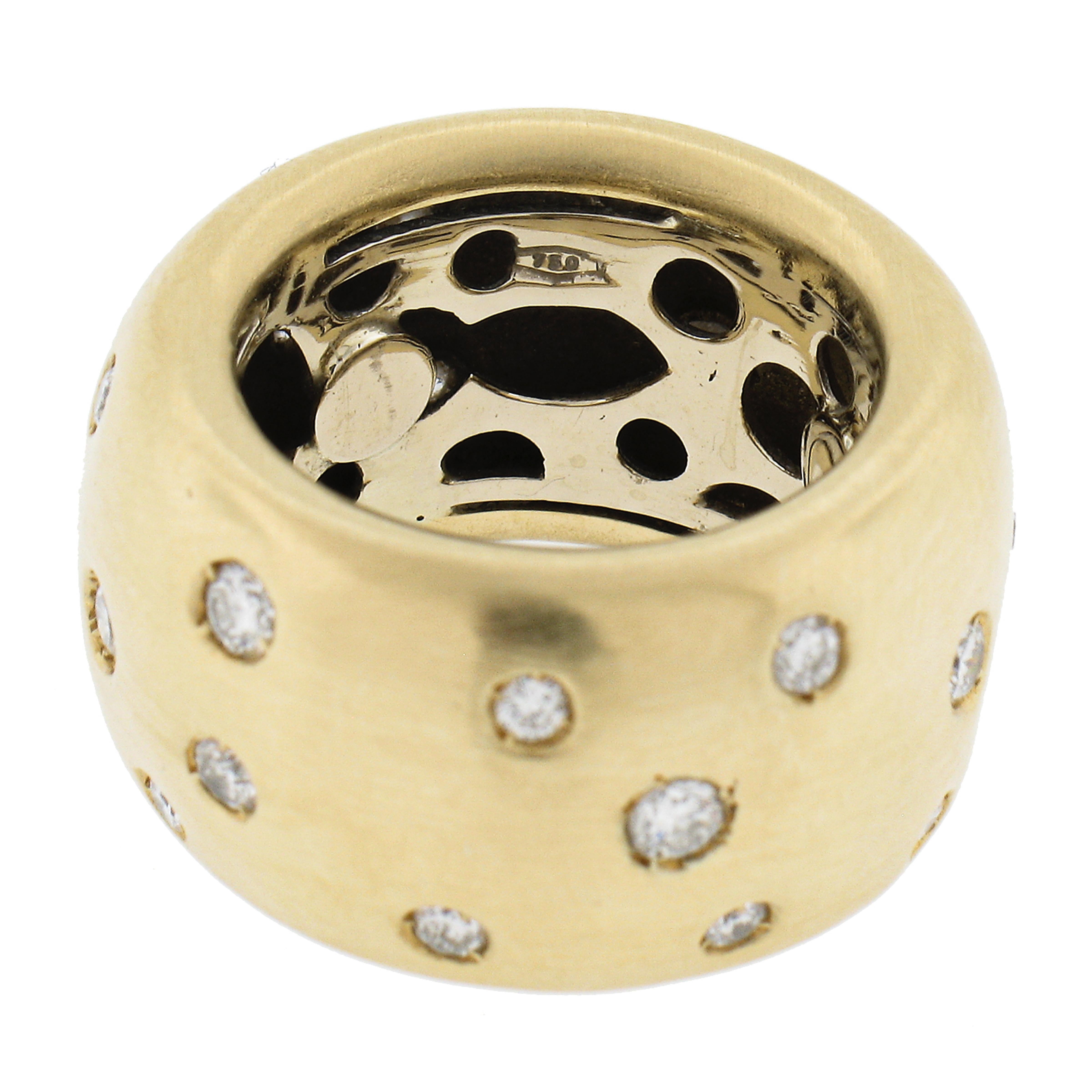 18k Yellow Gold 0.75ctw Round Flush Set Diamond Brushed Finish Wide Band Ring For Sale 2