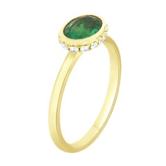 18K Yellow Gold 0.78 Carat Green Emerald Hidden Halo Diamond Ring