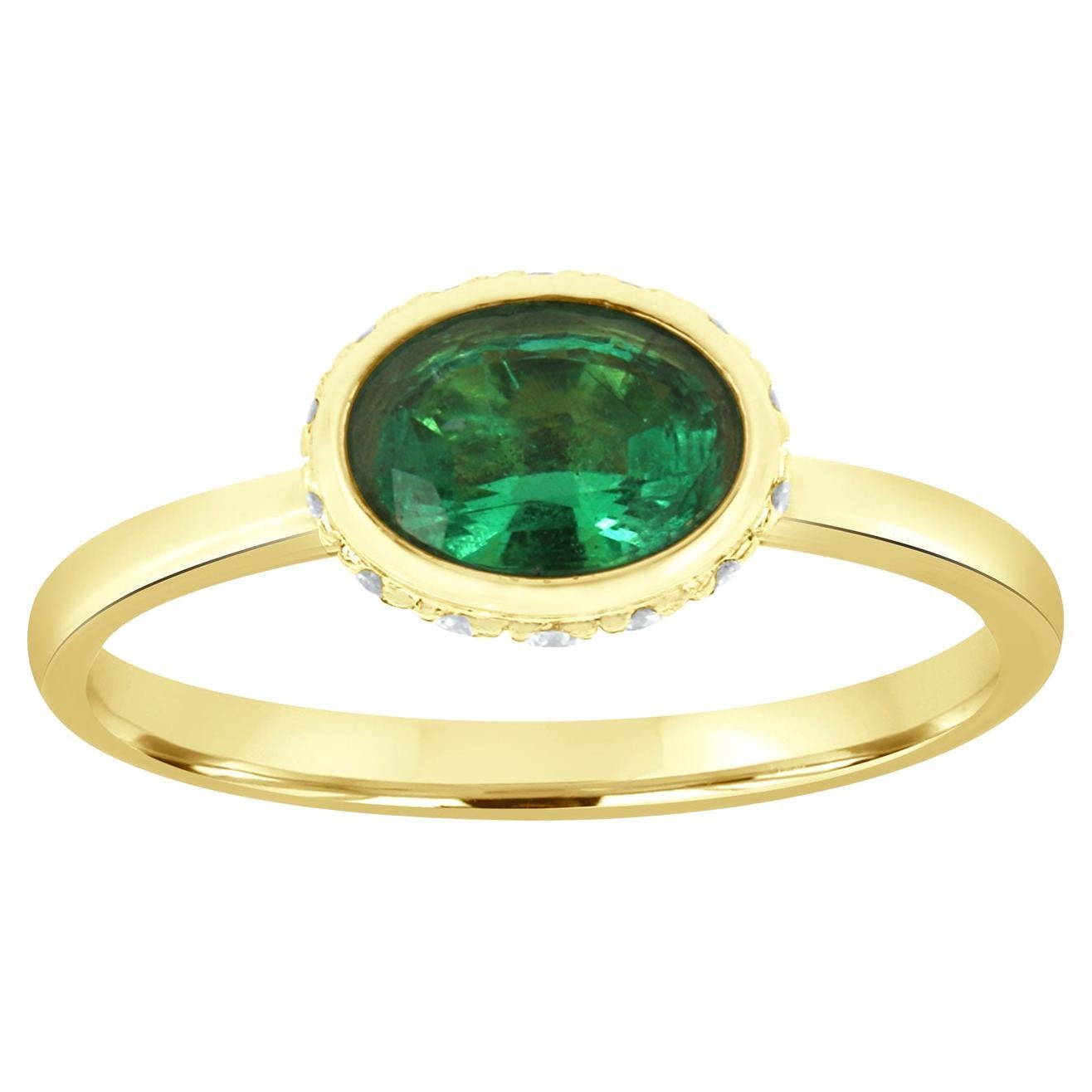 18K Yellow Gold 0.78 Carat Green Emerald Hidden Halo Diamond Ring For Sale