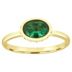 18K Yellow Gold 0.78 Carat Green Emerald Hidden Halo Diamond Ring