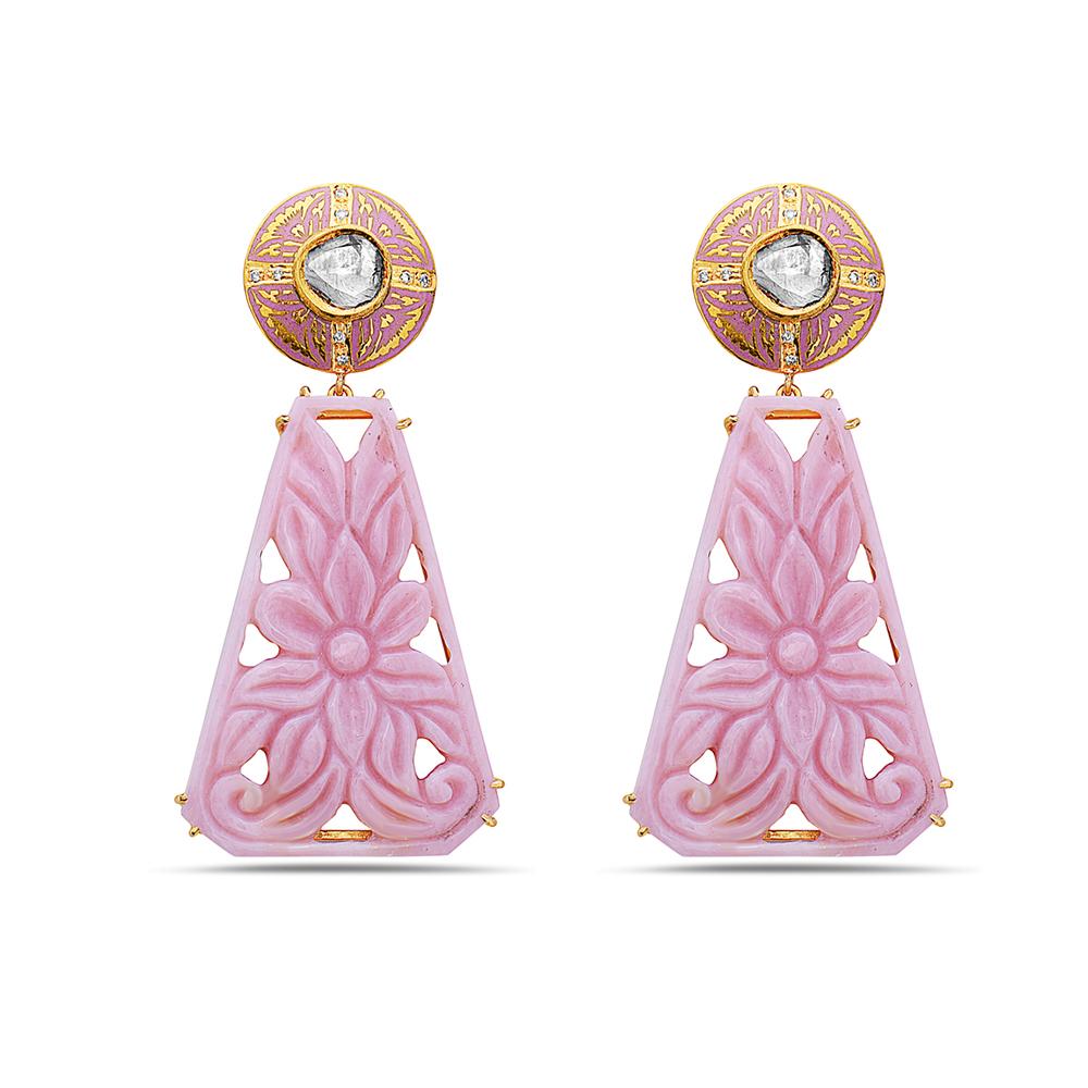 Artisan 18k Yellow Gold 0.7ct Rose Cut Diamond 54.4ct Pink Opal Carving Dangle Earrings