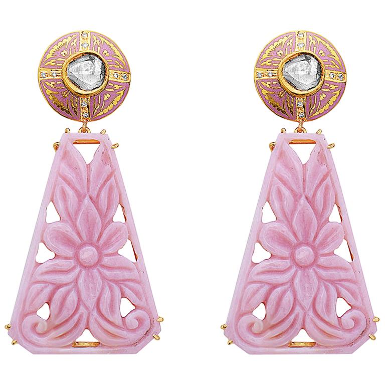 18k Yellow Gold 0.7ct Rose Cut Diamond 54.4ct Pink Opal Carving Dangle Earrings