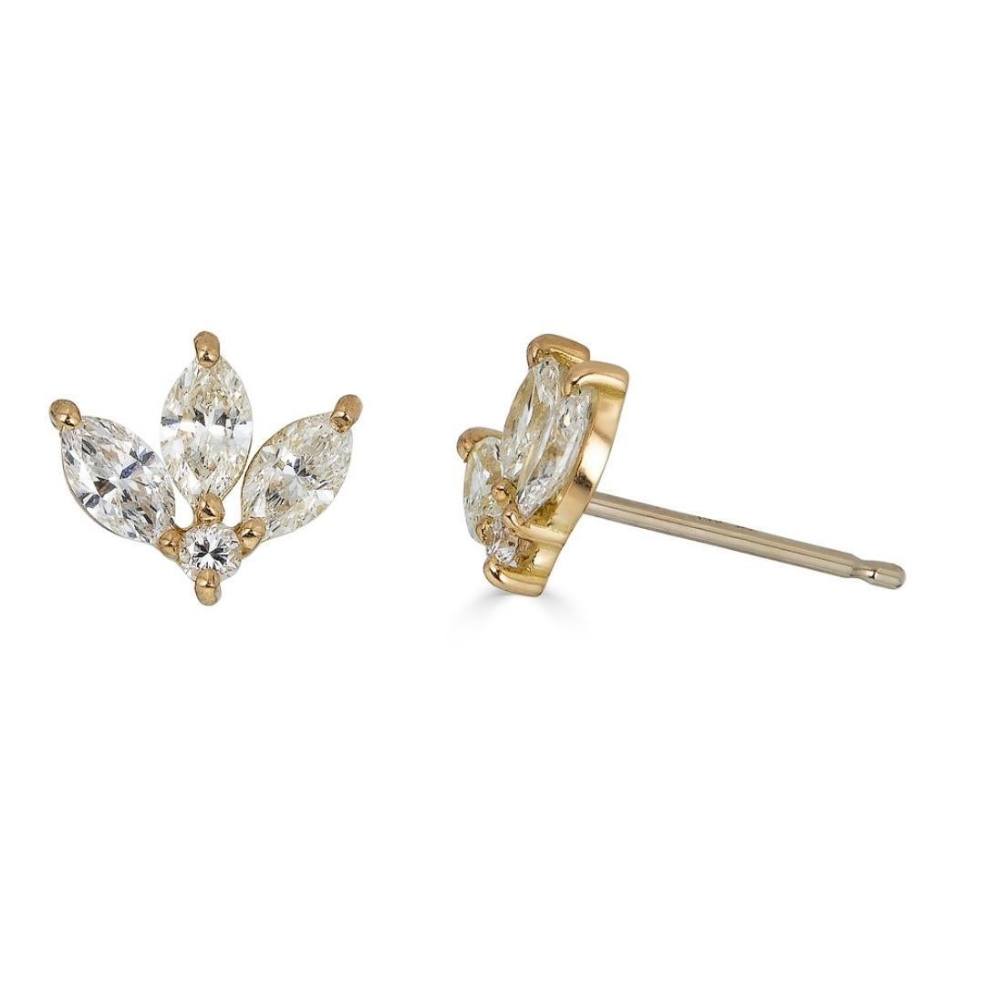 Modern 18k Yellow Gold Marquis Diamond Leaf Studs For Sale