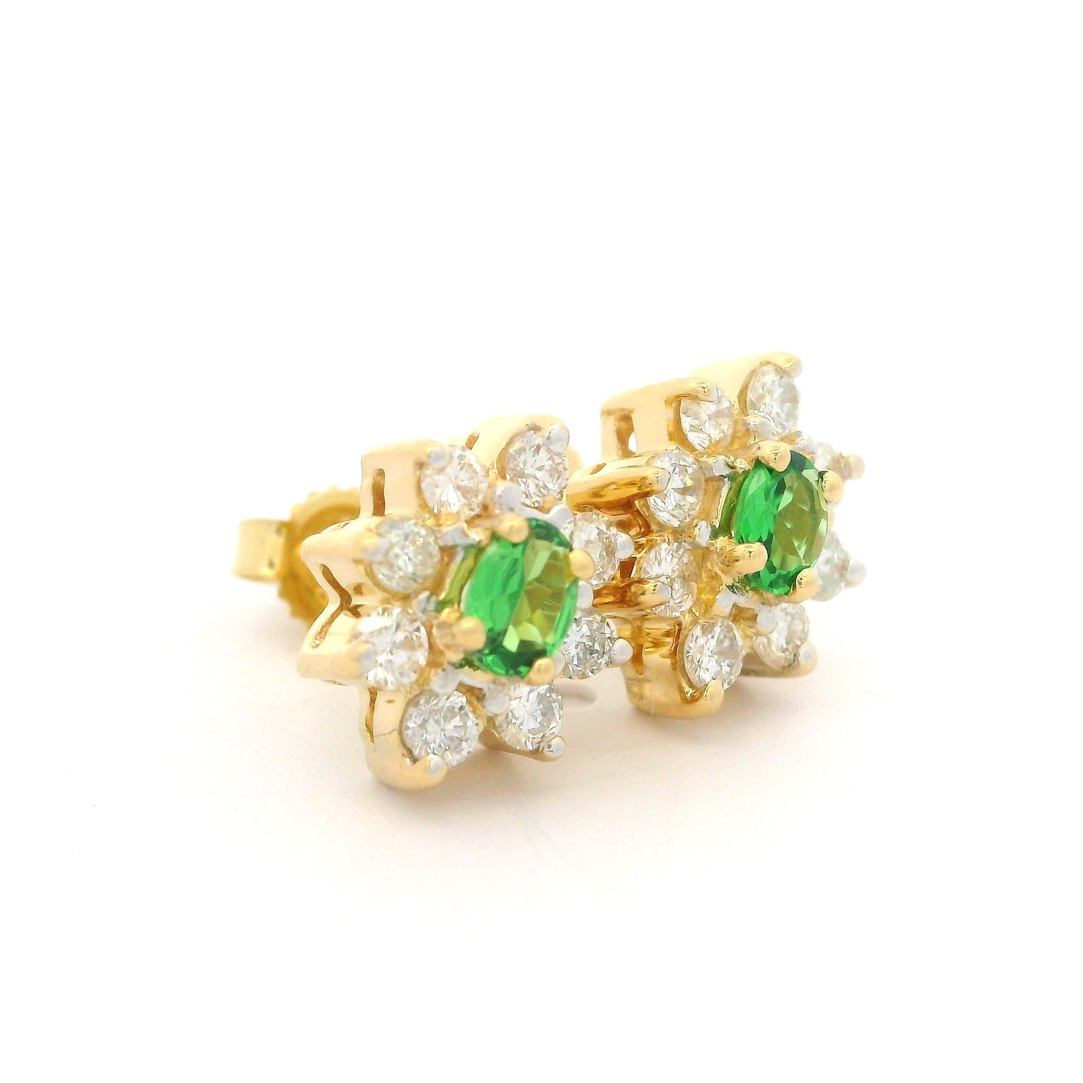 Women's 18k Yellow Gold 0.80ctw Tsavorite & Diamond Halo Cluster Stud Earrings For Sale