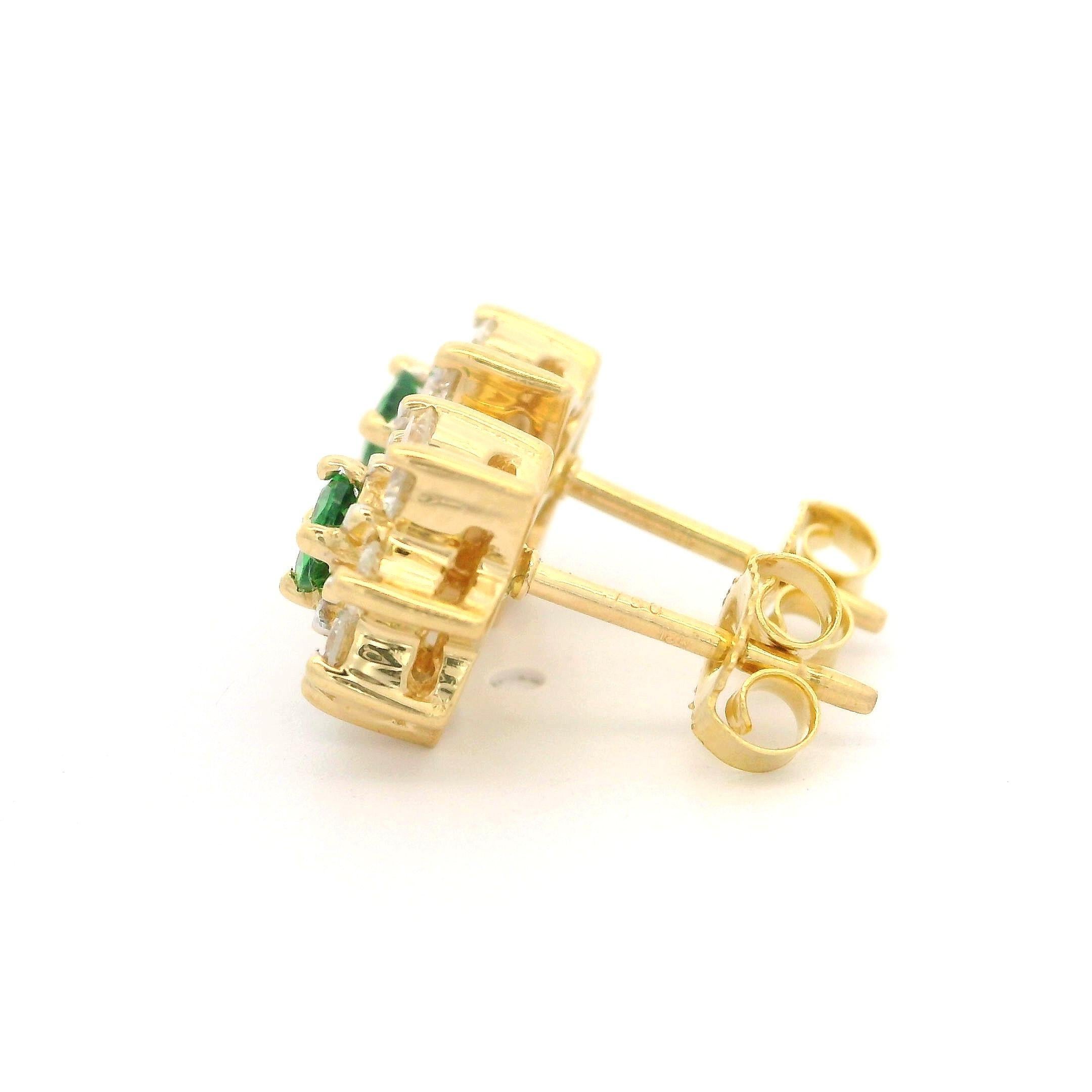 18k Yellow Gold 0.80ctw Tsavorite & Diamond Halo Cluster Stud Earrings For Sale 2