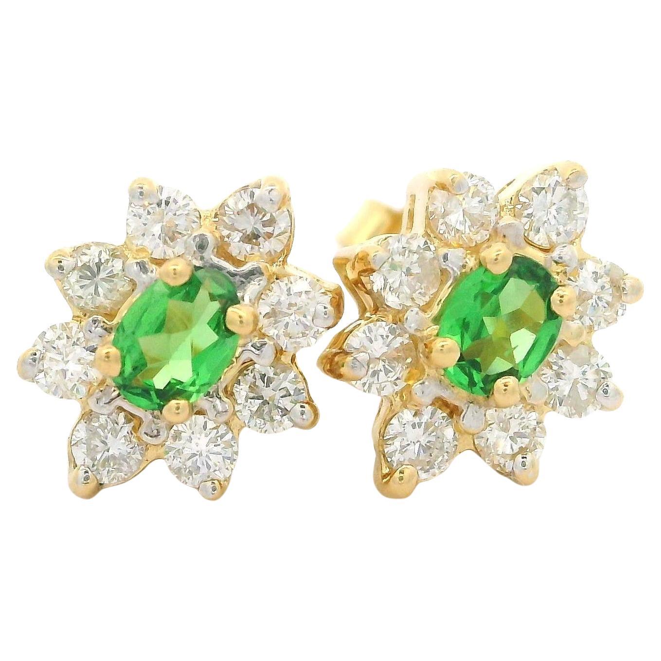 18k Yellow Gold 0.80ctw Tsavorite & Diamond Halo Cluster Stud Earrings
