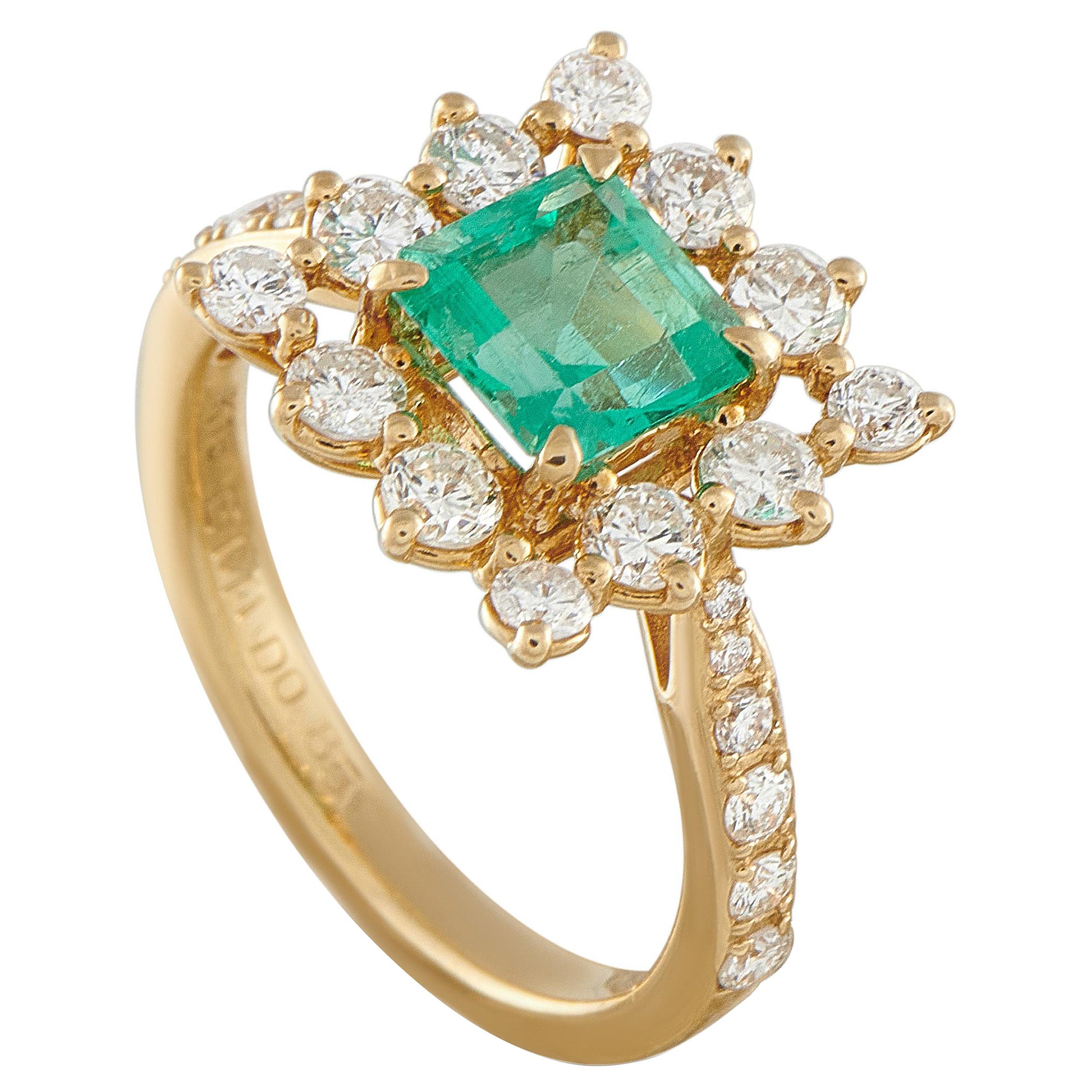 18K Yellow Gold 0.85ct Diamond and Emerald Ring #5313 For Sale