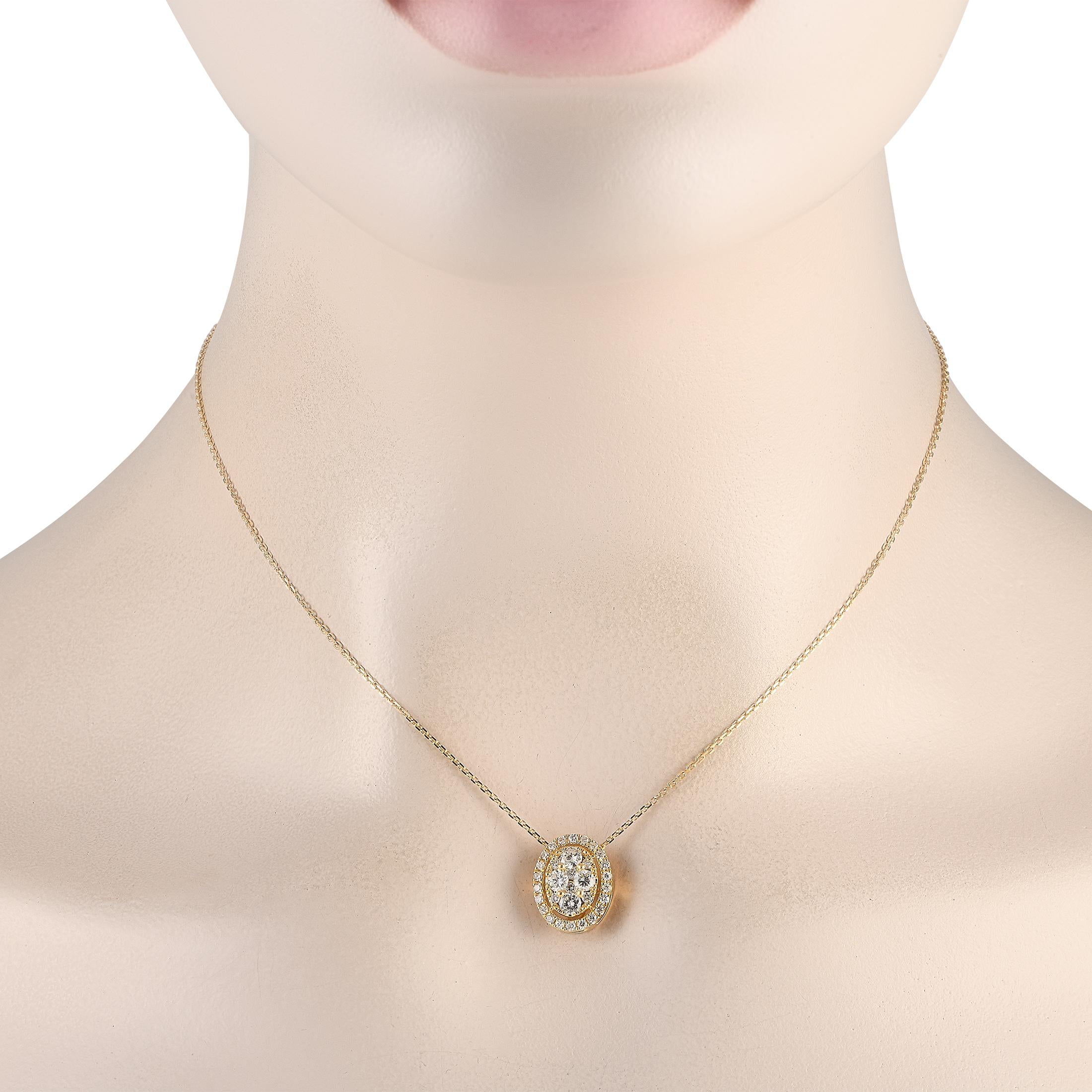 An elegant oval-shaped pendant measuring 0.50 round shines to life thanks to 0.85 carats of sparkling Diamonds on this timeless luxury necklace. Perfect for any occasion, its crafted from 18K Yellow Gold and includes a delicate 16 chain with lobster