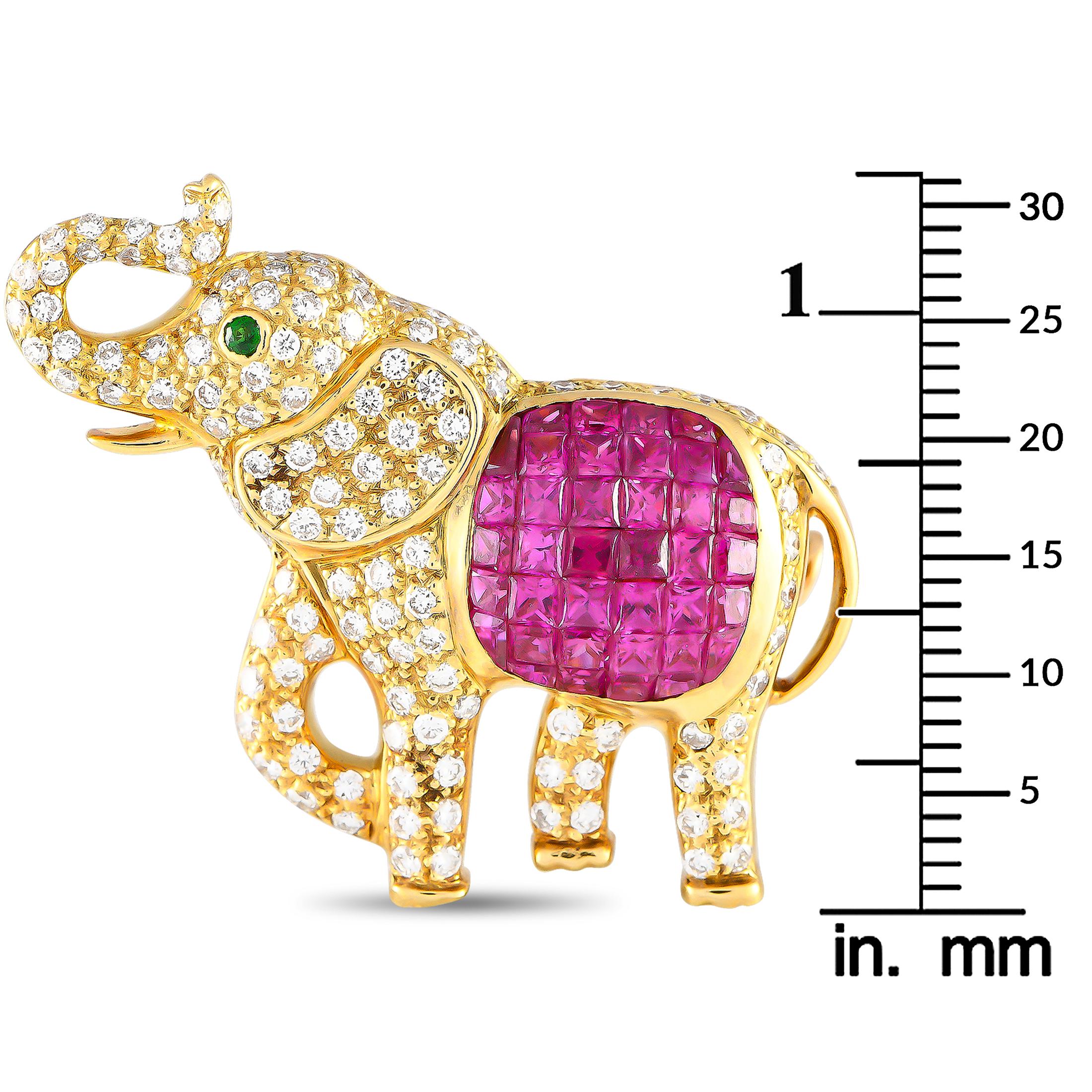 Round Cut 18K Yellow Gold 0.86ct Diamond and Ruby Elephant Brooch 