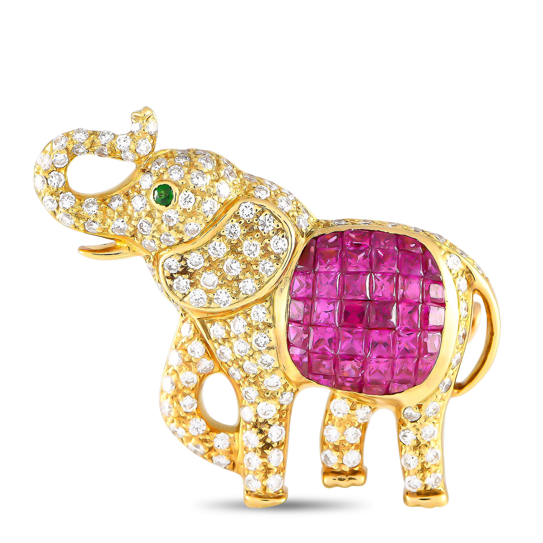 18K Yellow Gold 0.86ct Diamond and Ruby Elephant Brooch  In Excellent Condition In Southampton, PA