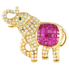 18K Yellow Gold 0.86ct Diamond and Ruby Elephant Brooch