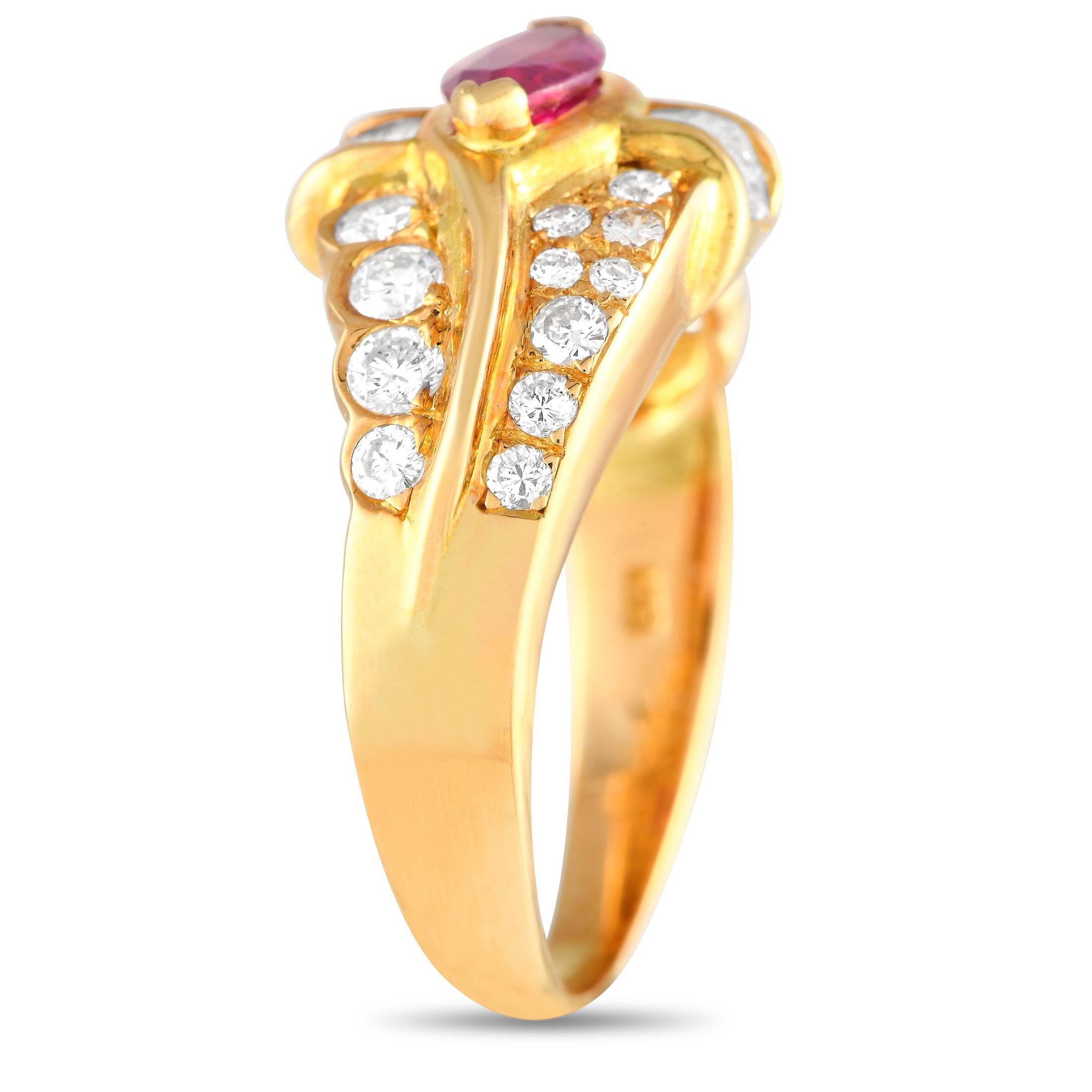 Showcasing stunning balance, this 18K yellow gold ring is sure to make the wearer stare at her hand at every opportunity. The ring offers an exquisite style with its combination of lines and curves, and round and baguette diamonds. Punctuating the