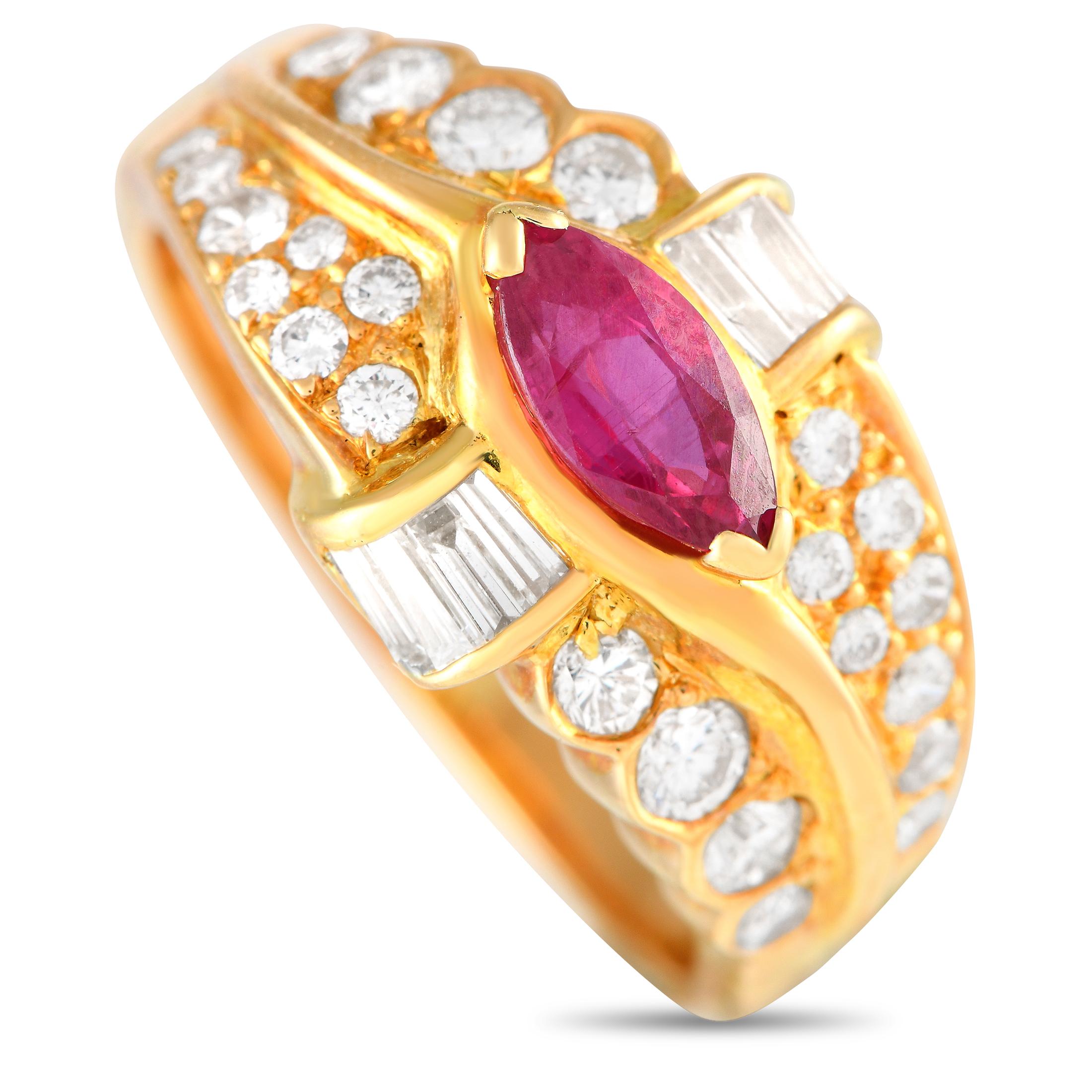 18K Yellow Gold 0.90ct Diamond and Ruby Marquise Ring  In Excellent Condition For Sale In Southampton, PA