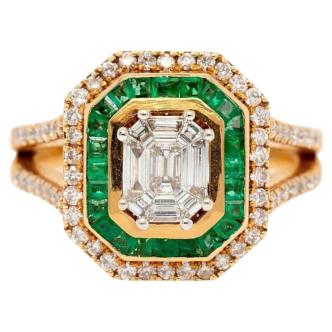 18k Yellow Gold 0.91ctw Diamond and 0.55ctw Emerald Multi Stone Octagonal Shape  For Sale