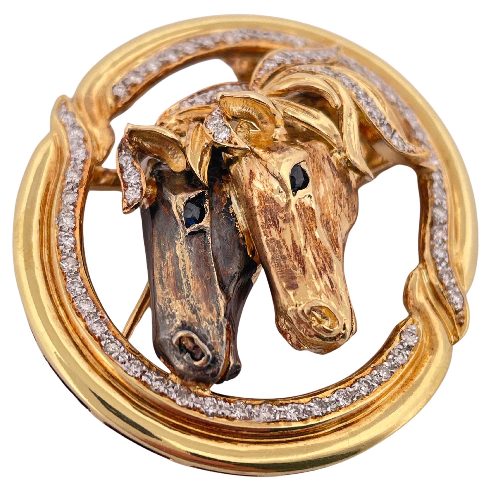 18k Gelbgold 0,94ctw Diamond & 0,13ctw Sapphire Pferd Pin/Anhänger (Rundschliff) im Angebot