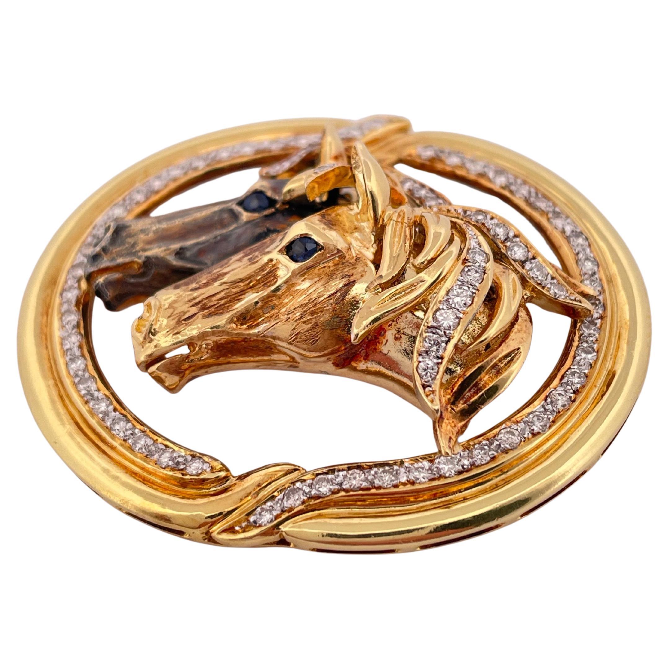 18k Gelbgold 0,94ctw Diamond & 0,13ctw Sapphire Pferd Pin/Anhänger im Angebot