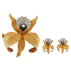 18K Yellow Gold 0.95ct Diamond Orchid Brooch and Earring Set MF07-0070626