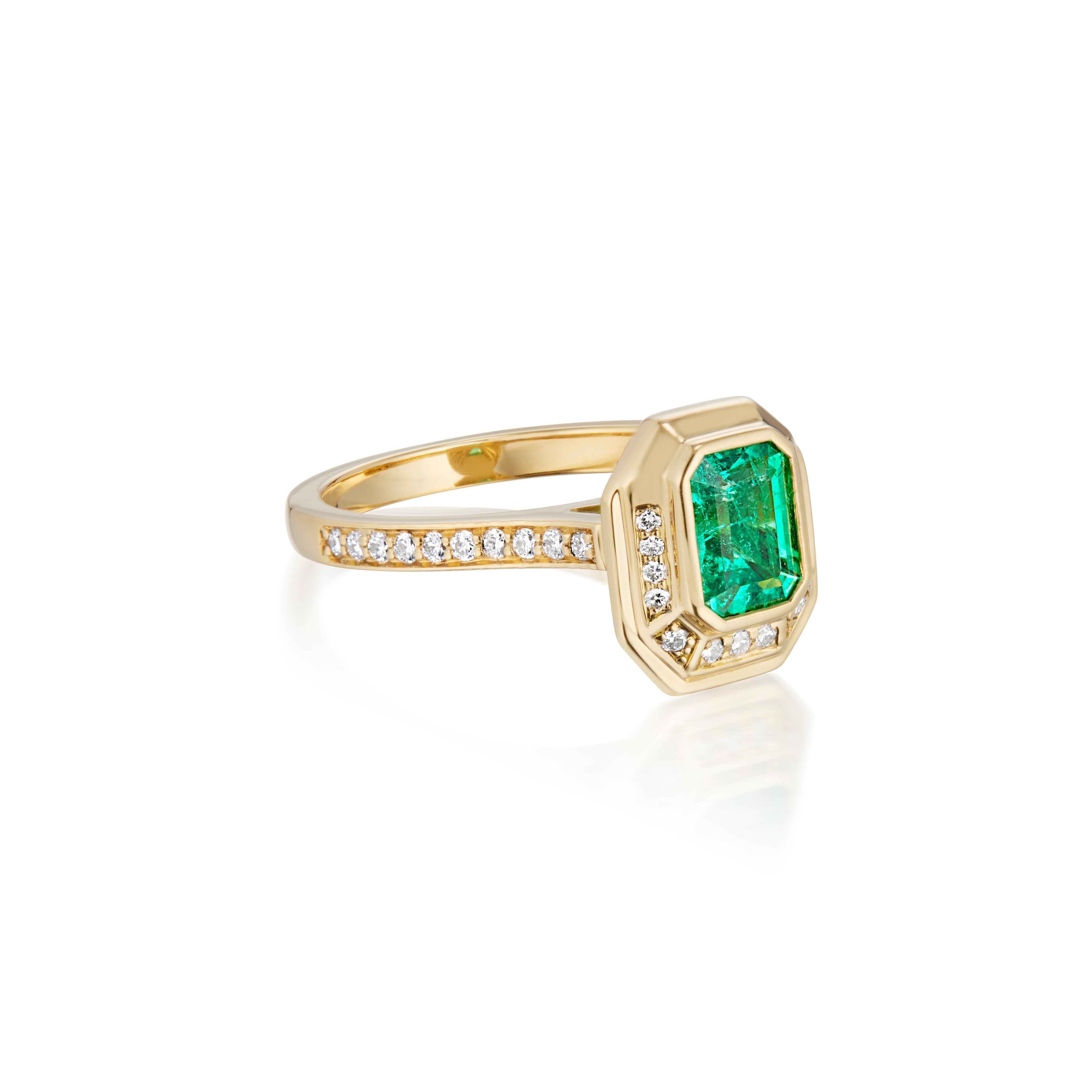 - 18ct Yellow Gold Approx 5.5gms
- 40 x Round Brilliant Cut Diamonds F-VS 0.35ct
- Emerald Cut Muzo Colombian Emerald 0.95ct
- Total Carat Weight 1.30ct
- Finger - Size  (6-1/4) 
- Shank 2mm wide 
- Top Table 12mm x 10mm

This 18k yellow gold