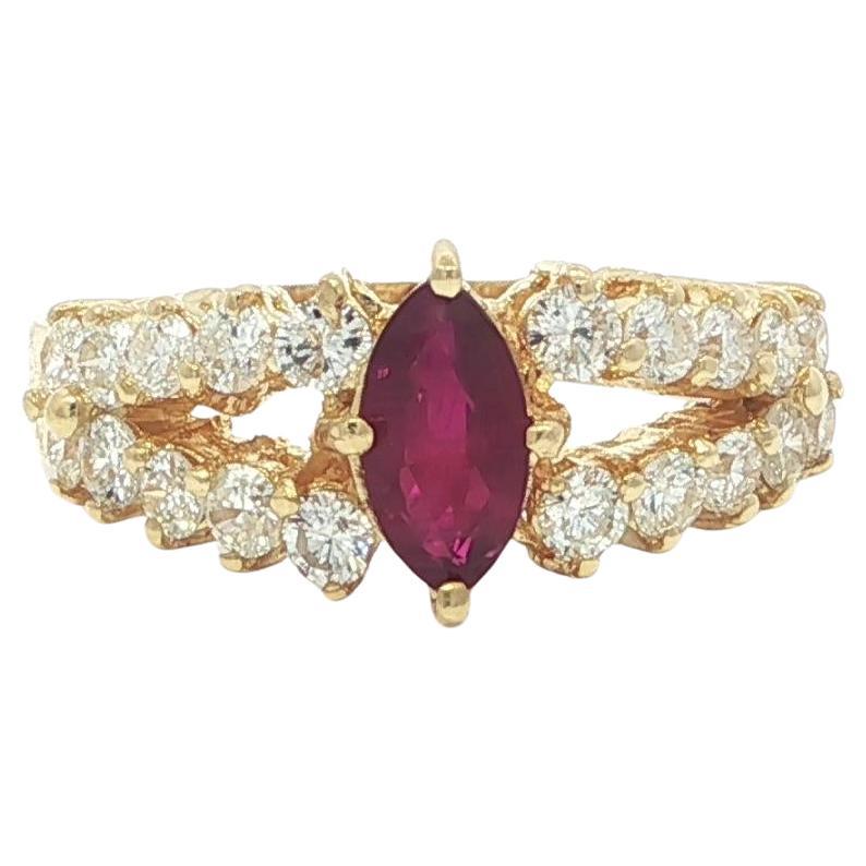 18k Yellow Gold 0.95ctw Marquise Ruby 
Diamond Split Shank Sides Ring For Sale