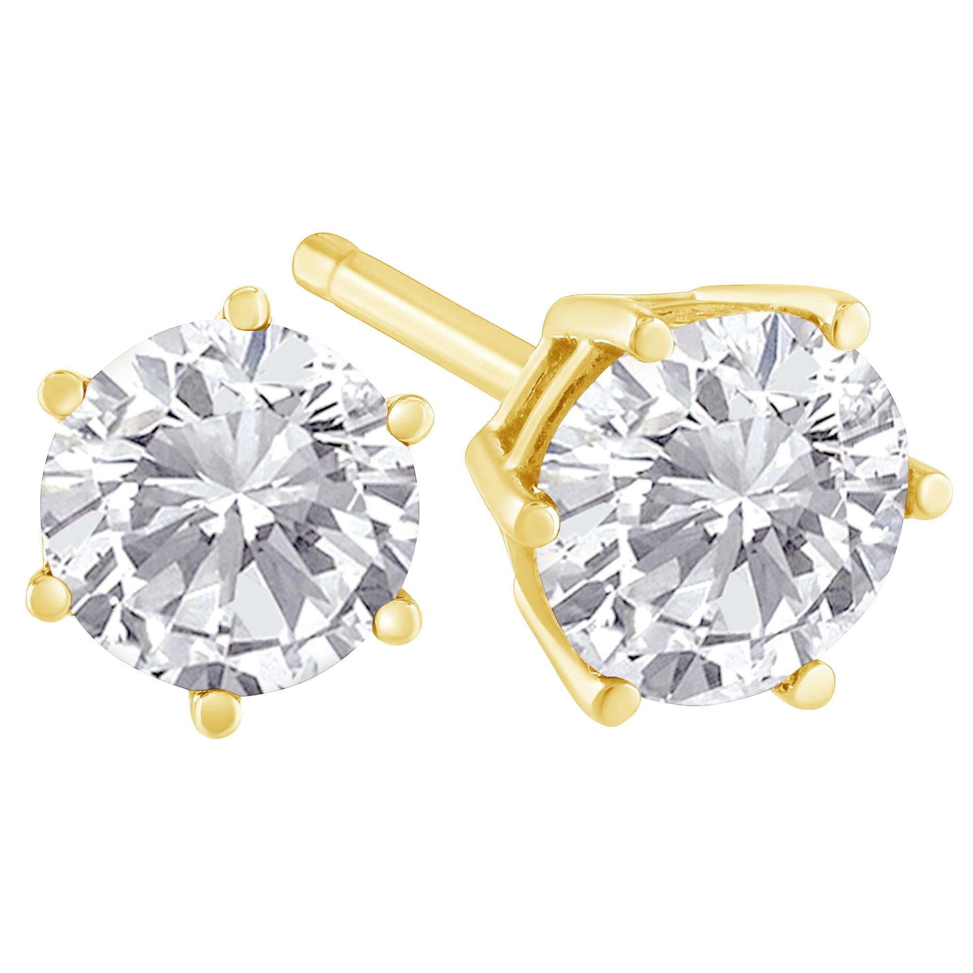 Modern 18K Yellow Gold 6 Prong Diamond Stud Earrings For Sale