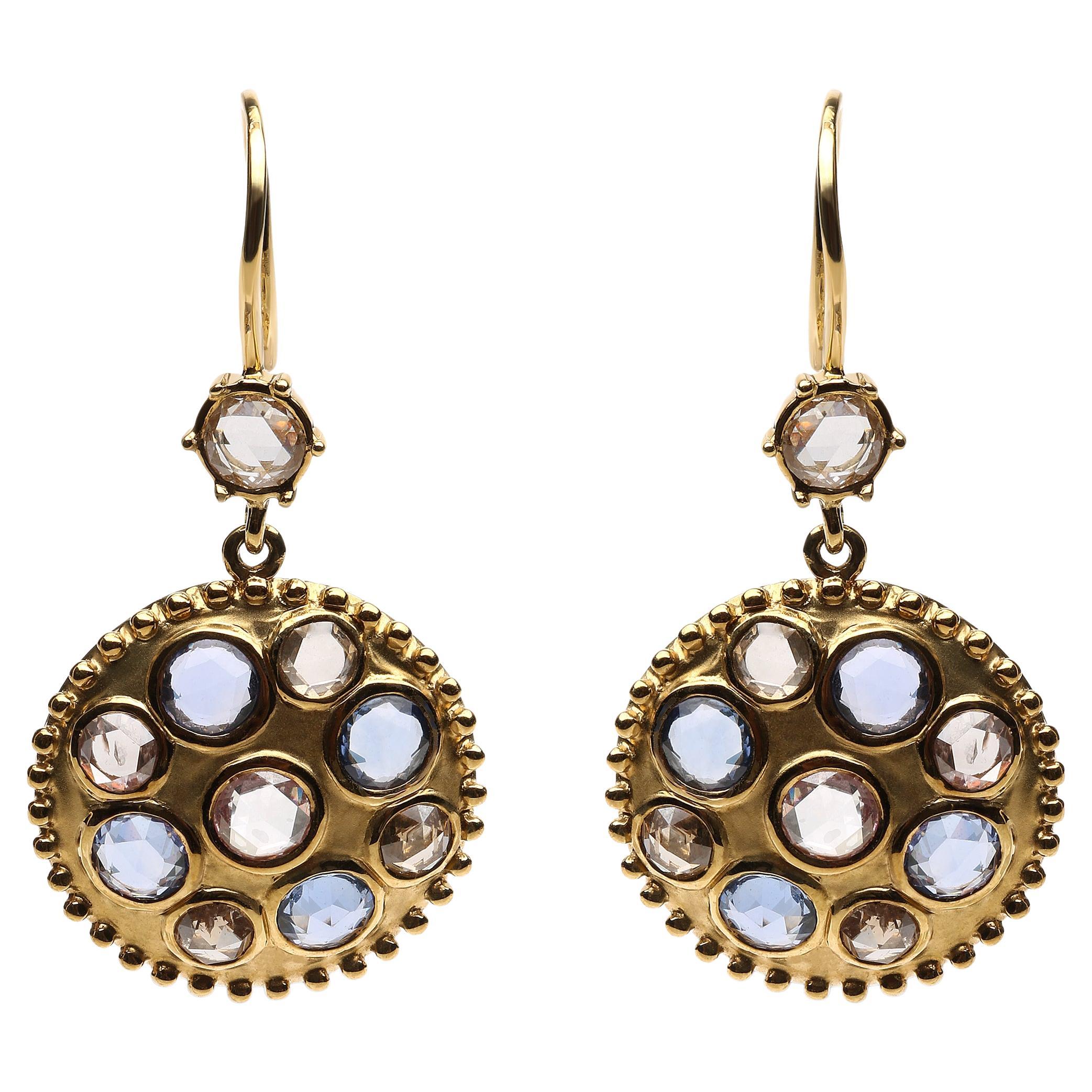 18K Yellow Gold 1 2/3 Carat Diamond and Blue Sapphire Gemstone Dangle Earrings
