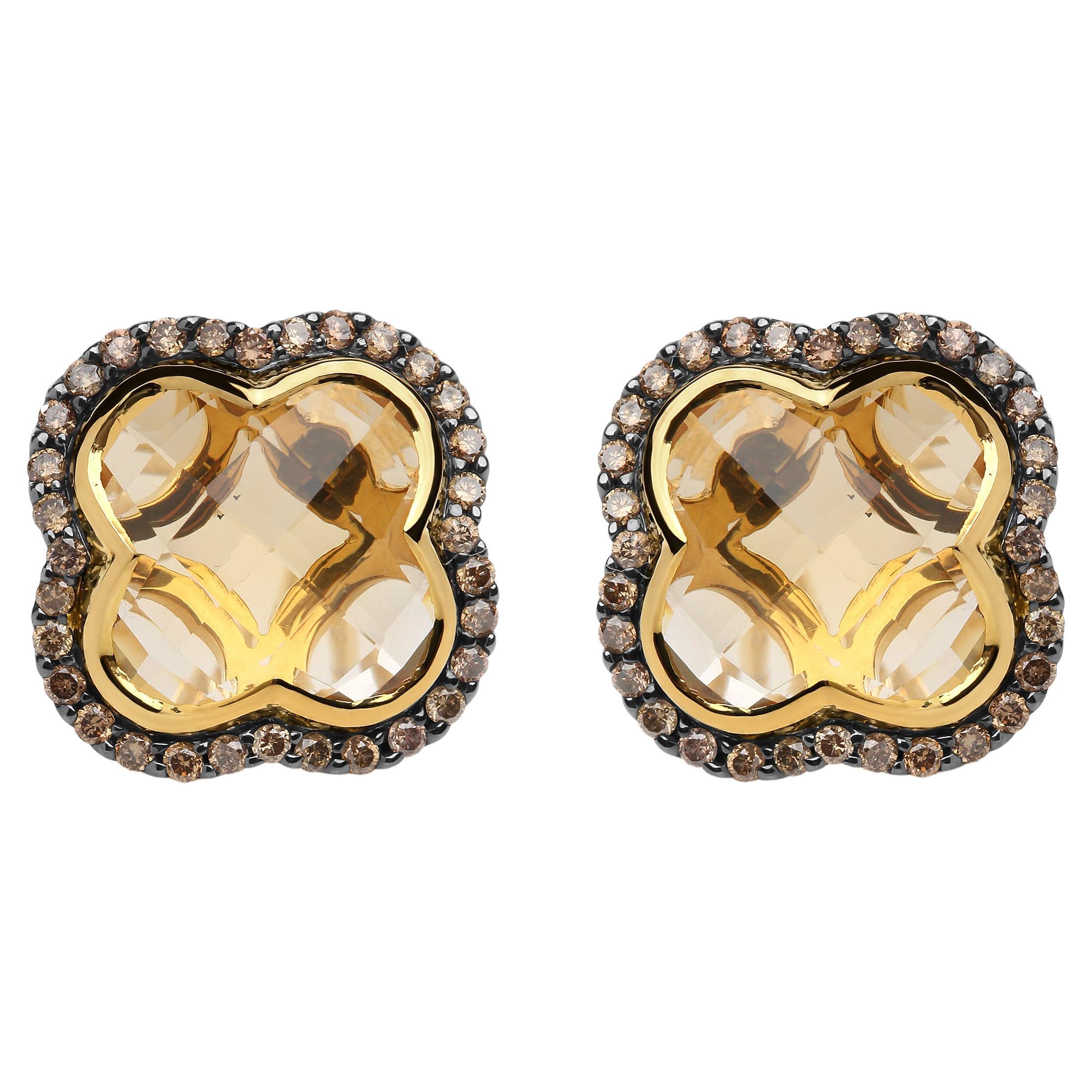 18K Yellow Gold 1/2 Carat Brown Diamond and Yellow Citrine Halo Stud Earrings For Sale