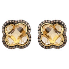 18K Yellow Gold 1/2 Carat Brown Diamond and Yellow Citrine Halo Stud Earrings