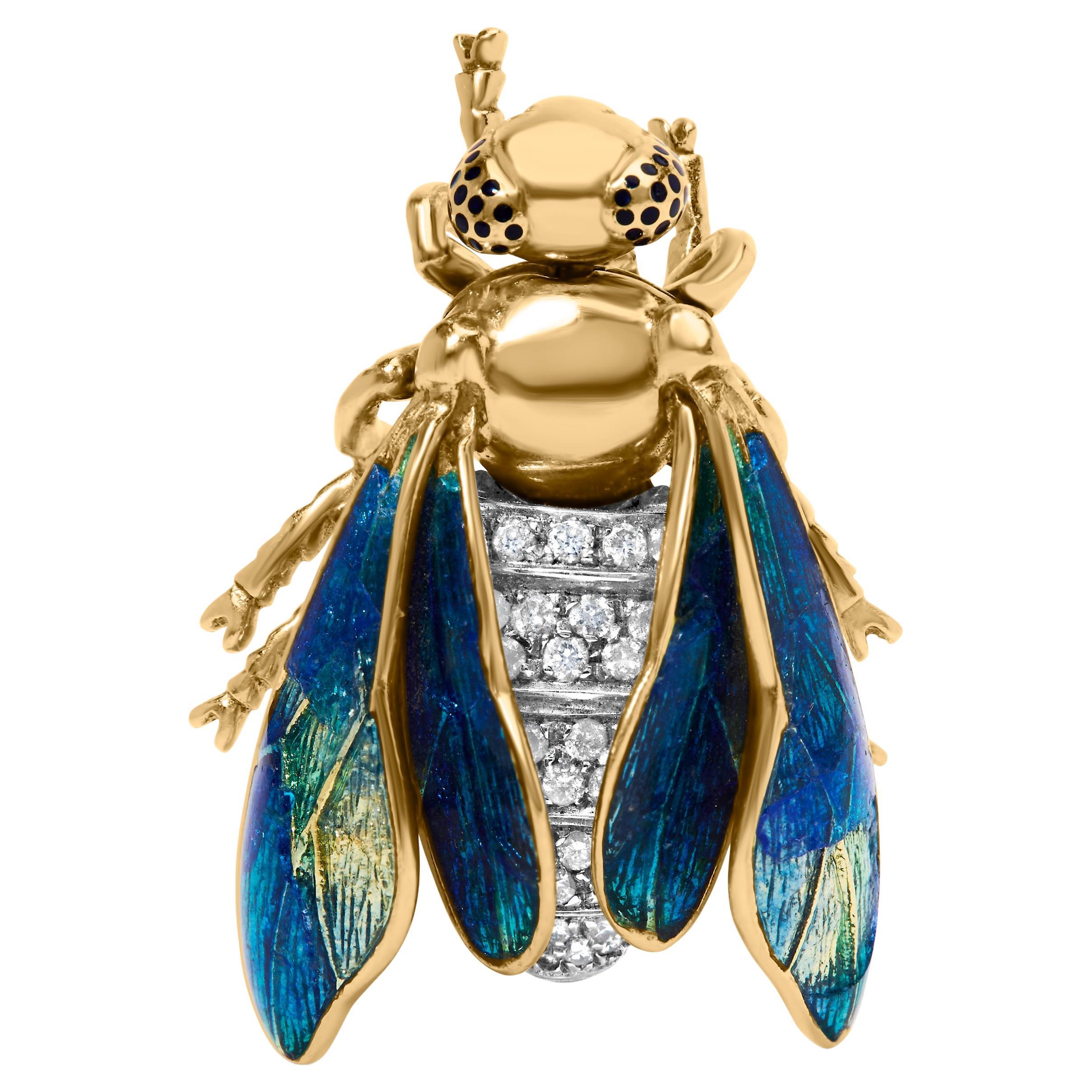 18K Yellow Gold 1/2 Cttw Diamond and Blue-Green Enamel Bumblebee Brooch Pin