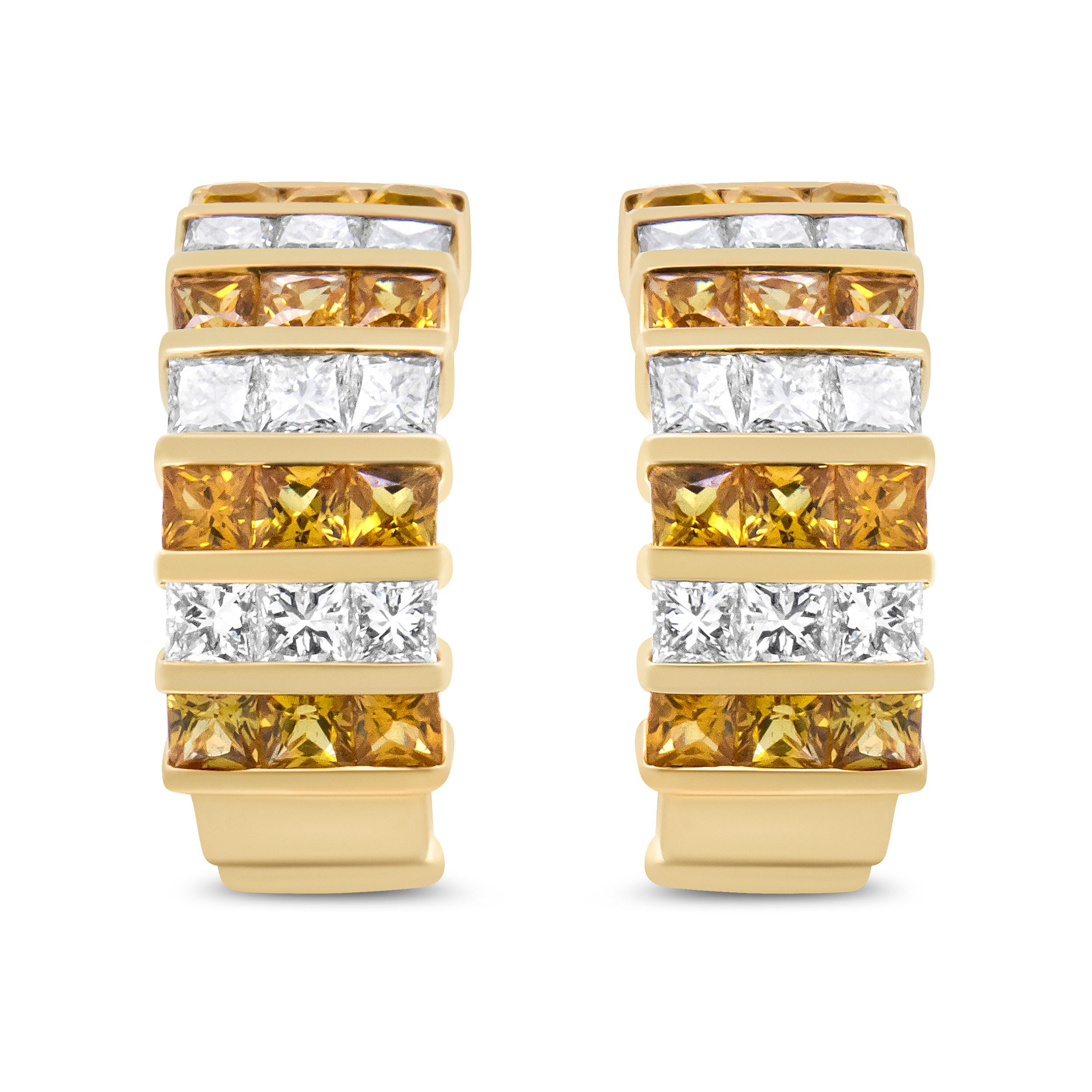 The modern design of these 18k yellow gold huggie hoop earrings will complete your outfits in a signature style. Rows of alternating diamond and gemstones brighten the aesthetic and bring color to your life. Princess-cut diamonds are features in an