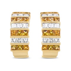 18K Yellow Gold 1 3/4 Carat Diamond and 2.5mm Yellow Sapphire Hoop Earrings