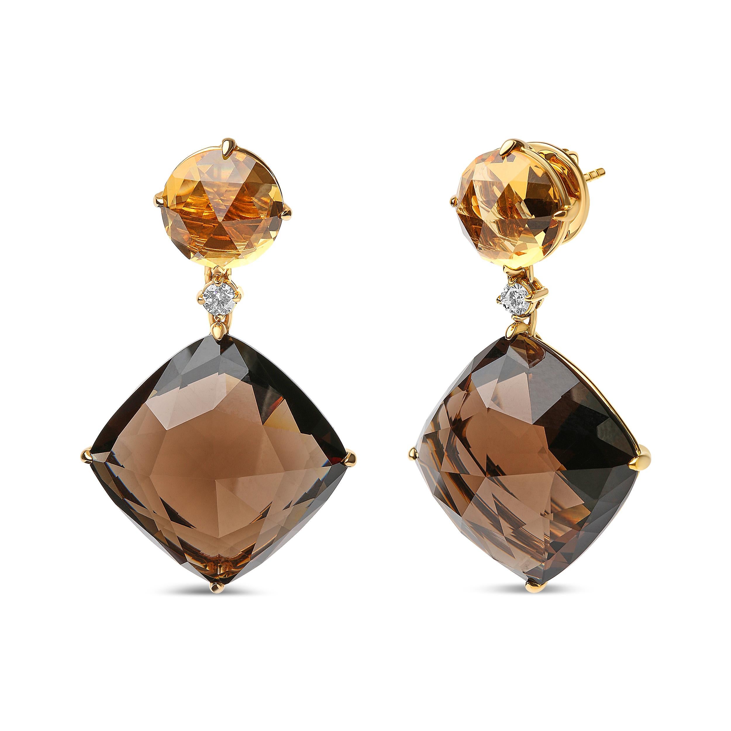 These statement 18k yellow gold dangle earrings are ready to elevate your wardrobe with their sparkling wealth! Mounted in 4-prong settings, natural 10x10mm round heat-treated yellow citrine gemstones shine brilliantly in a checkerboard cut in each