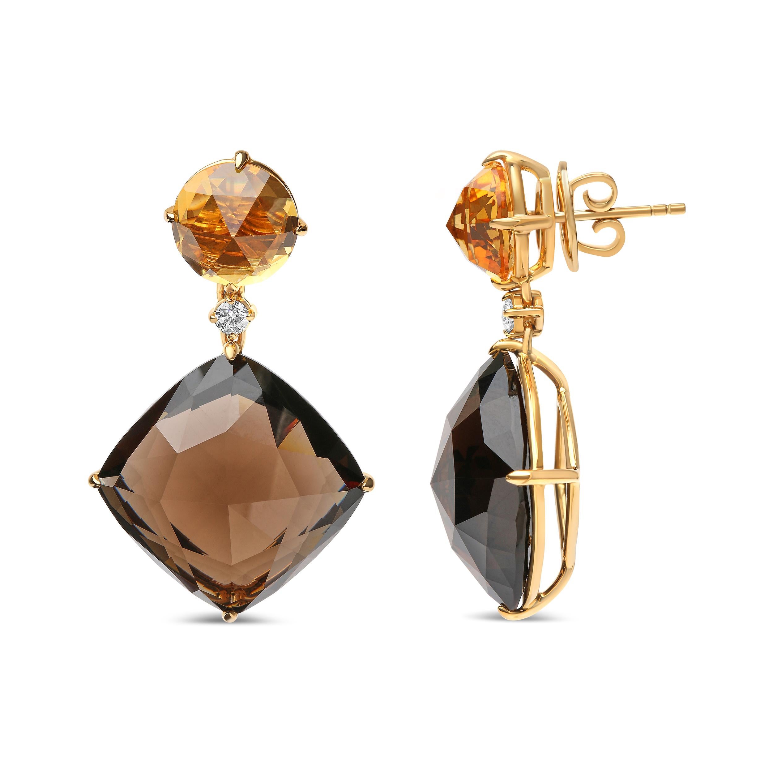 Contemporary 18K Yellow Gold 1/5 Ct Diamond with Yellow Citrine & Smoky Quartz Dangle Earring For Sale