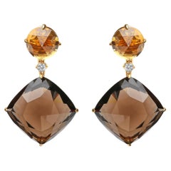 Pendants d'oreilles en or jaune 18 carats avec diamants 1/5 carat, citrine jaune et quartz fumé