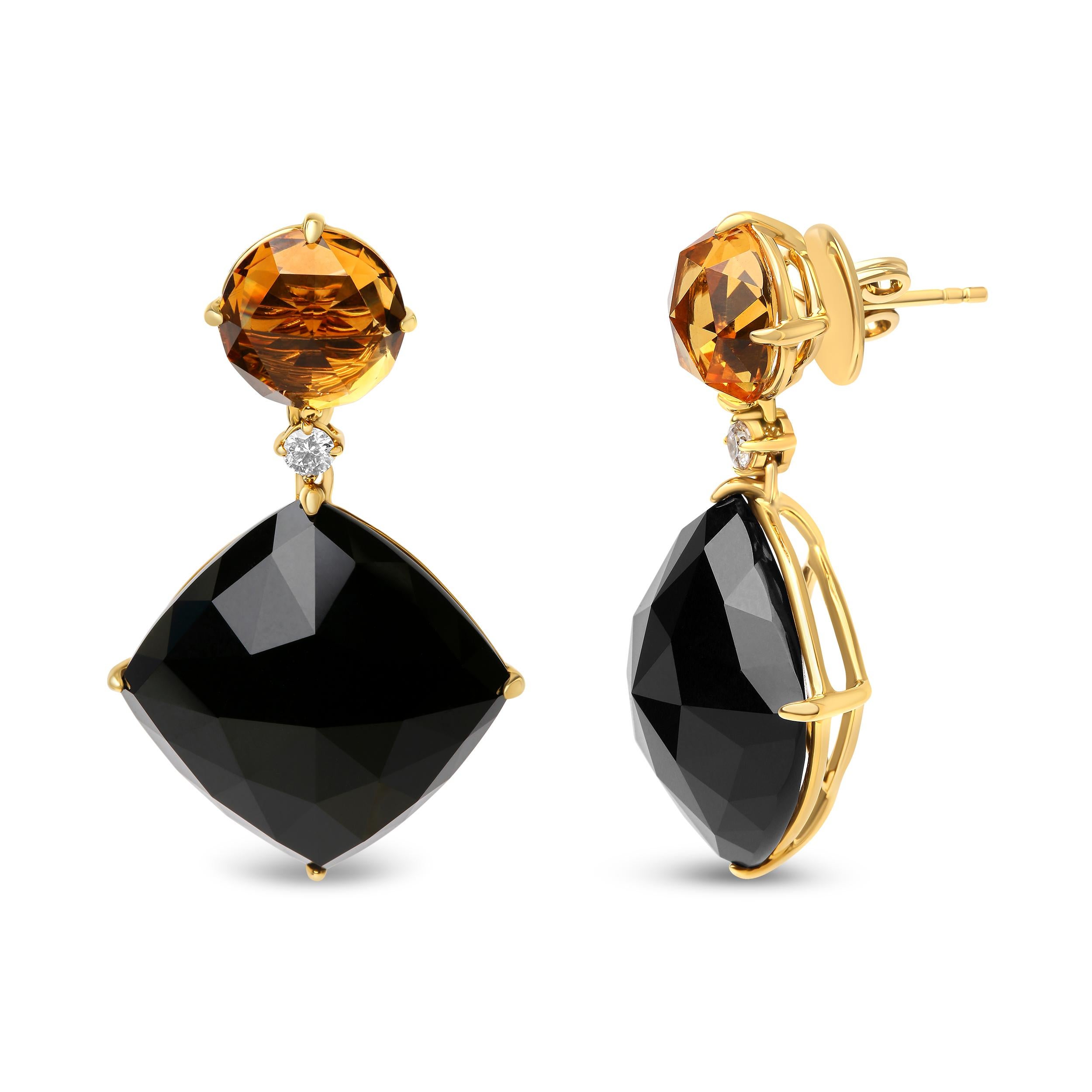 Sophisticated and alluring, these 18k yellow gold dangle earrings are ready for a night out on the town! A natural 10x10mm round heat-treated yellow citrine gemstone in a prong setting sits neatly on the upper dangle, followed by a round, prong-set