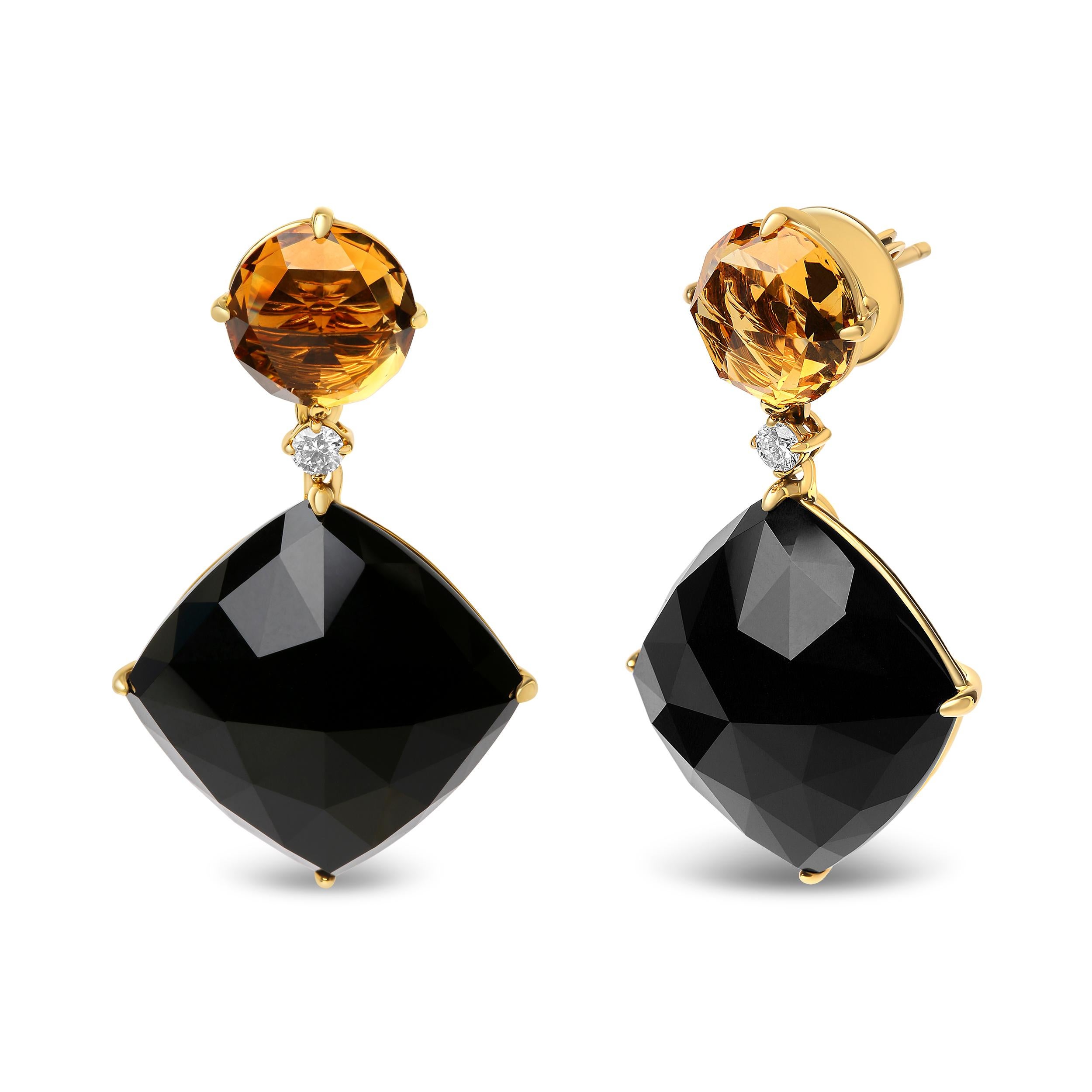 Contemporary 18K Yellow Gold 1/5 Cttw Diamond with Yellow Citrine & Black Onyx Dangle Earring For Sale