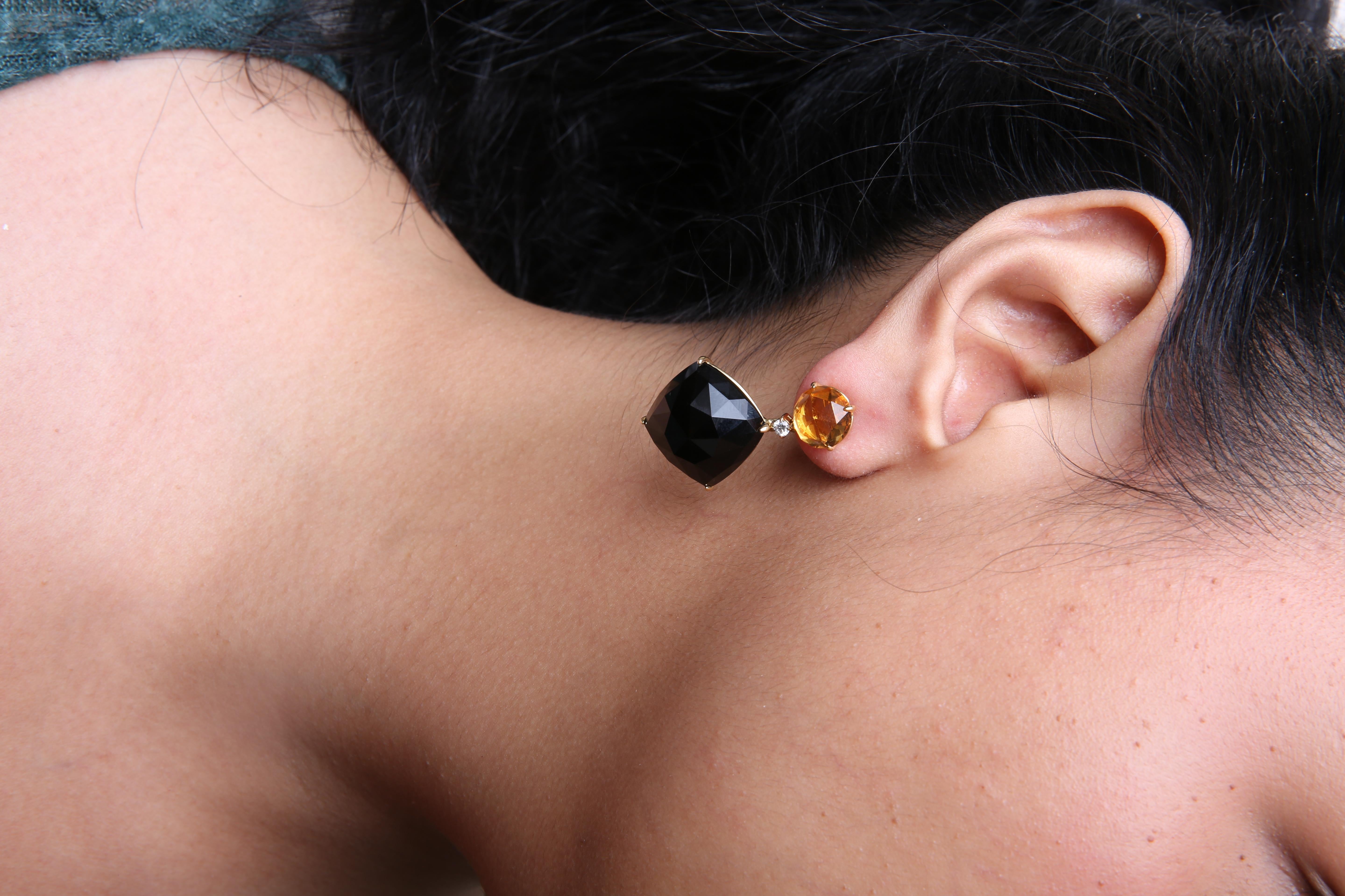 Round Cut 18K Yellow Gold 1/5 Cttw Diamond with Yellow Citrine & Black Onyx Dangle Earring For Sale