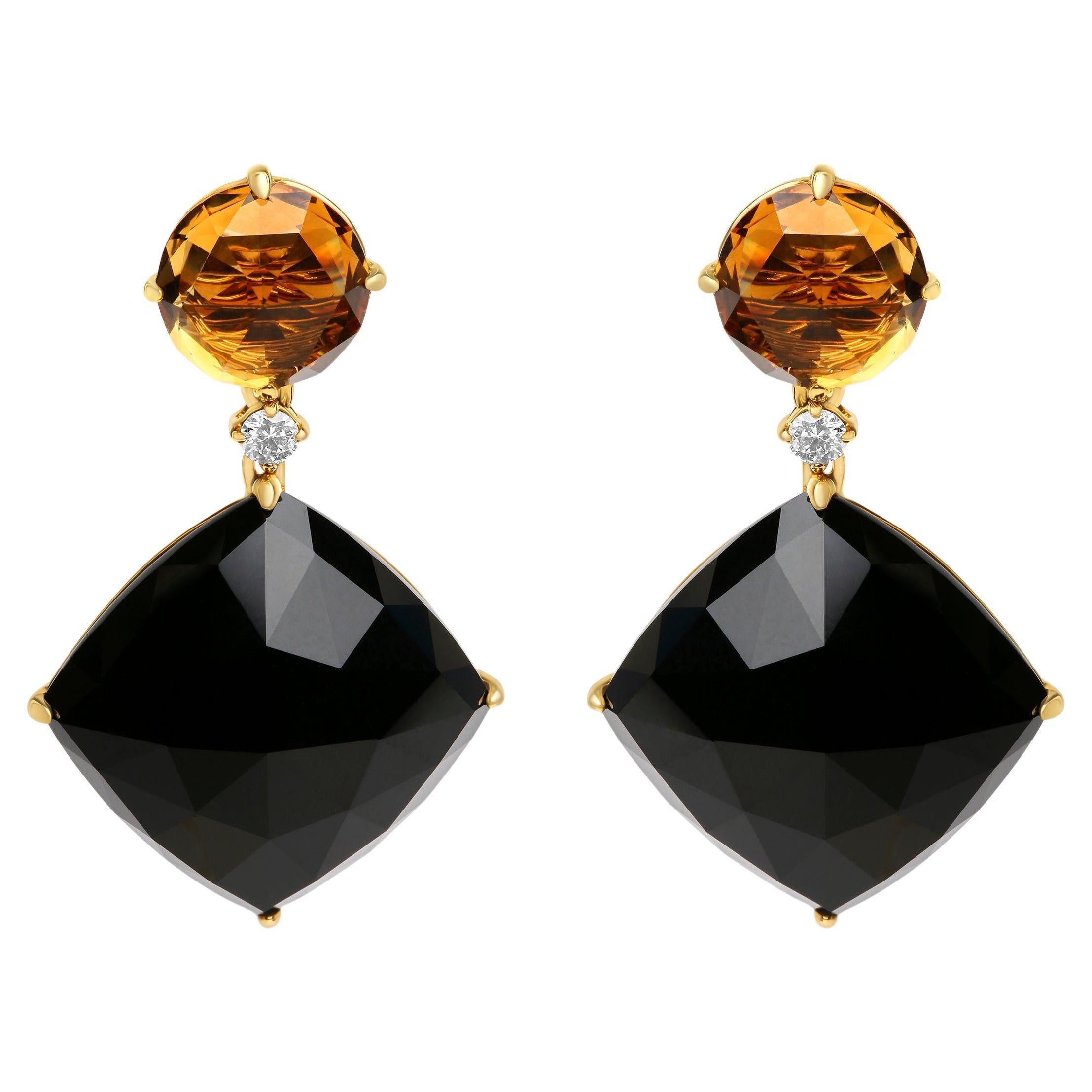 Pendants d'oreilles en or jaune 18 carats avec diamants 1/5 carat, citrine jaune et onyx noir