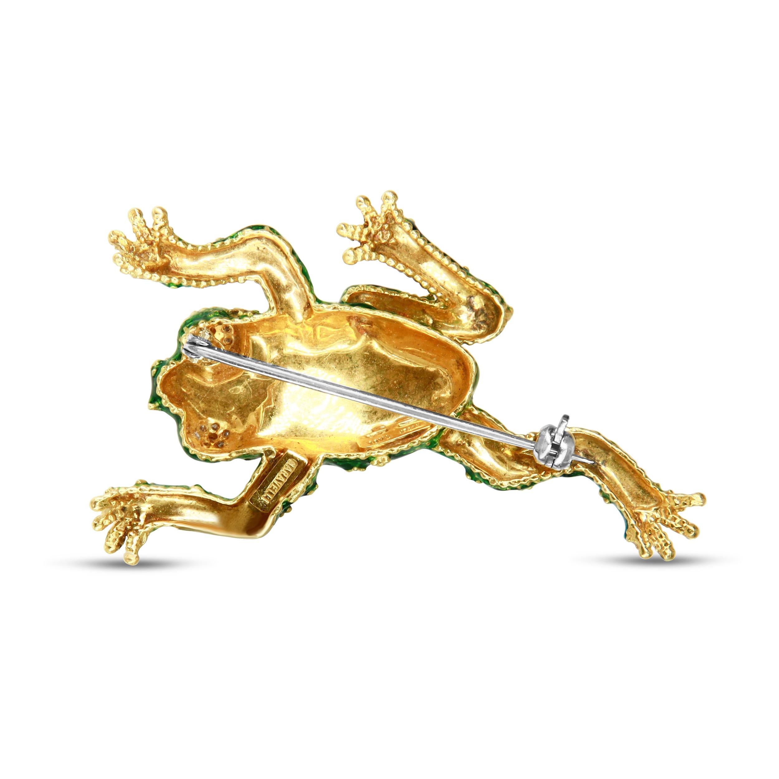 Delicate details imbue this enchanting brooch with a lifelike quality, perfect for the animal lover of those who seek to invite success into their lives. As a symbol of prosperity, the frog is a good luck charm. Not just lucky, this little amphibian