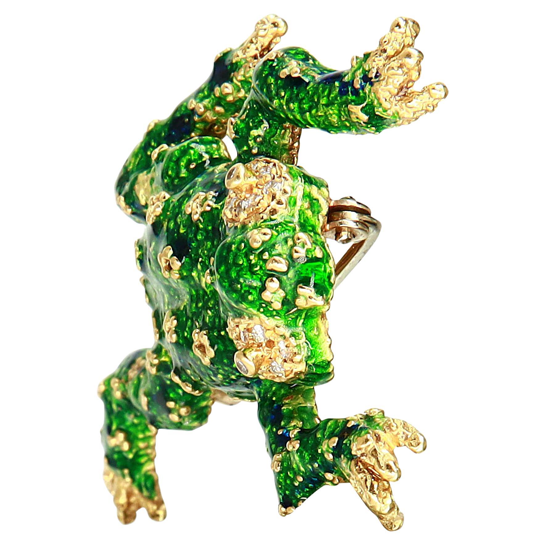 18K Yellow Gold 1/6 Carat Diamond Green Frog Enamel Floral Brooch Pin For Sale