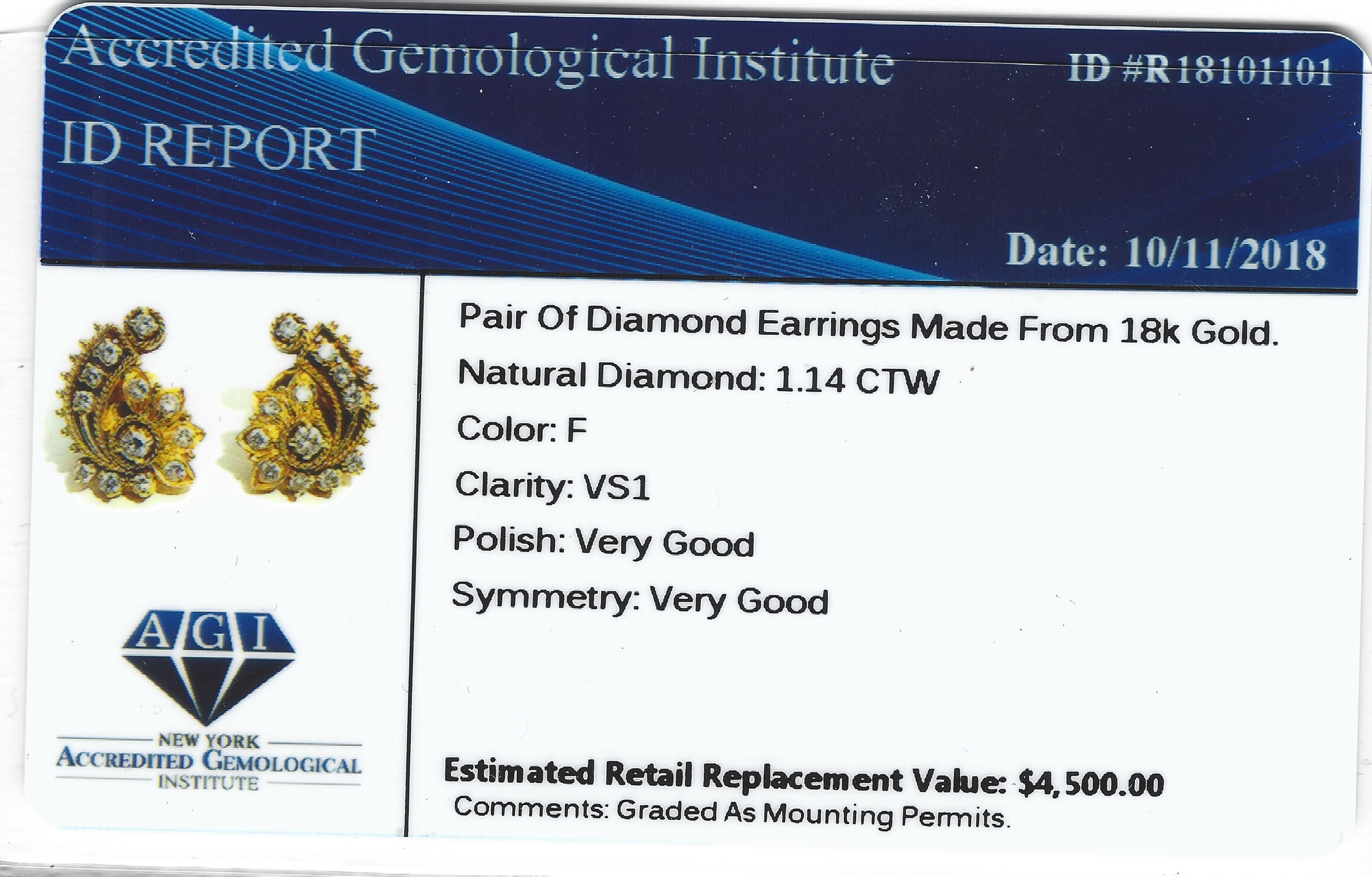 18K Yellow Gold 1 carat vintage Diamond Earrings. In Excellent Condition For Sale In Miami, FL