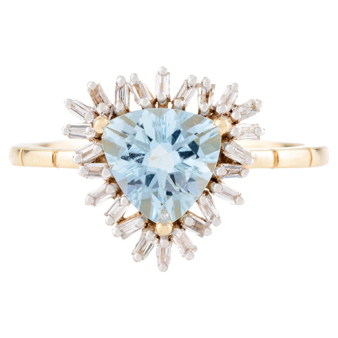 18k Yellow Gold 1 CTW Trillion Aquamarine Baguette Diamond Halo Engagement Ring