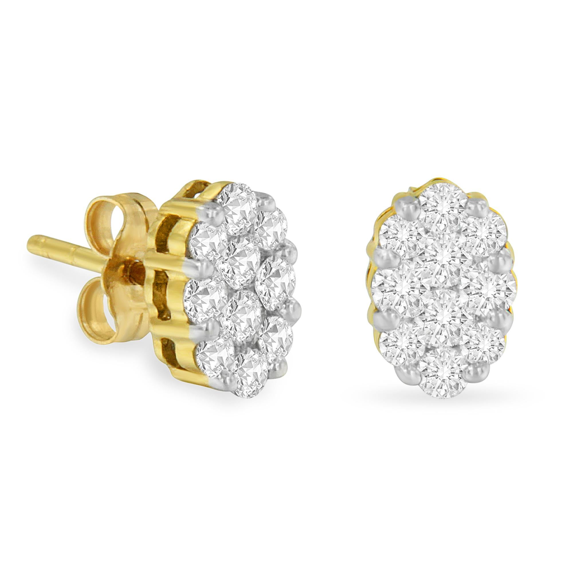 Make an impression on the jewelry lovers with these dainty diamond stud earrings. Stylish and sophisticated, the earrings are constructed of 18 karat yellow gold with intricate detail. Each piece has 10 natural, round diamonds prong set in a cluster