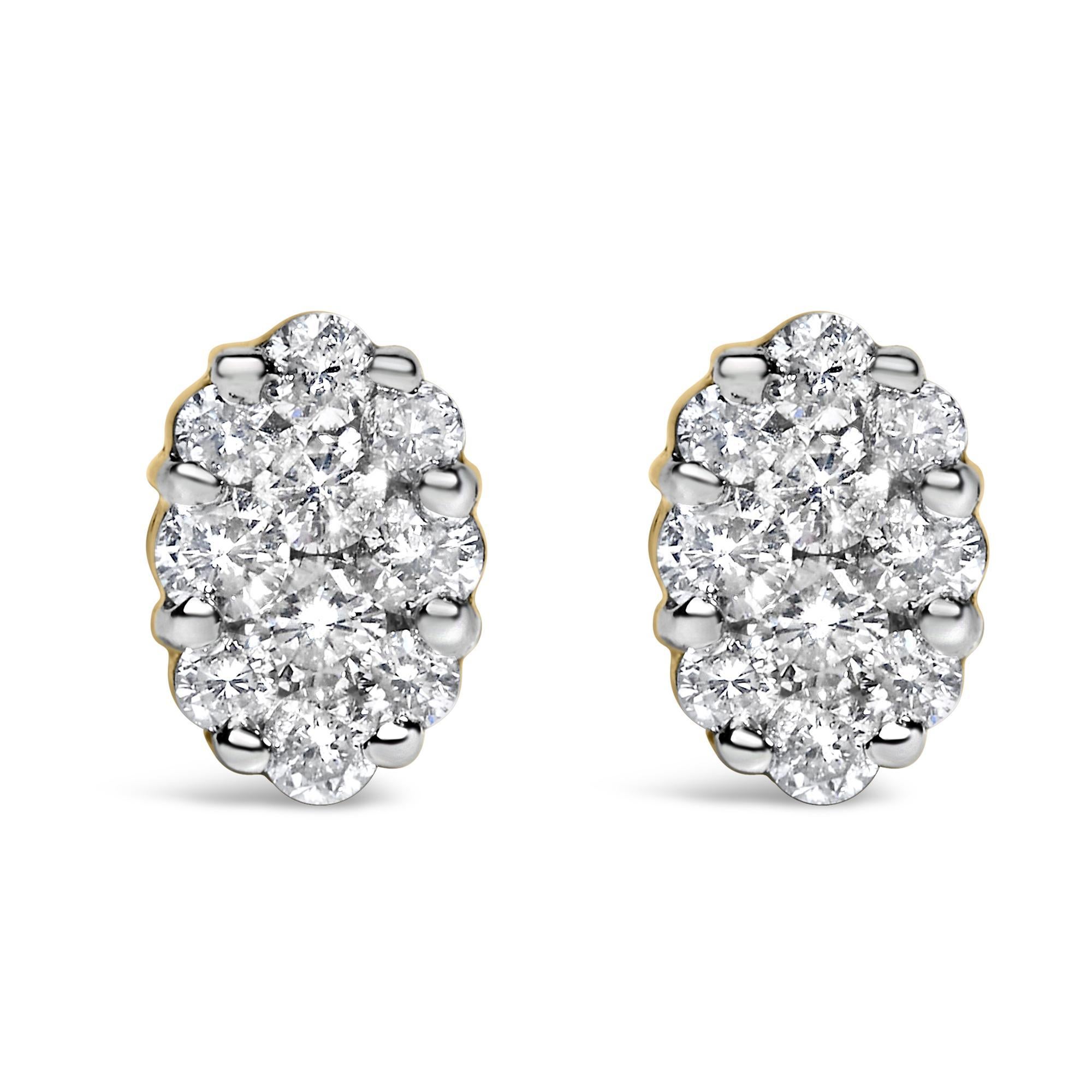 Immerse yourself in the brilliance of these 18K yellow gold stud earrings, where luxury meets timeless elegance. Expertly crafted into an alluring oval shape, each piece dazzles with a composite cluster of round brilliant cut natural diamonds,