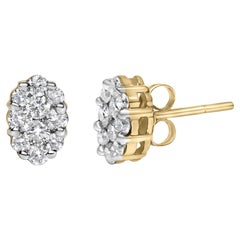 18K Yellow Gold 1.00 Diamond Oval Shaped Composite Cluster Stud Earrings