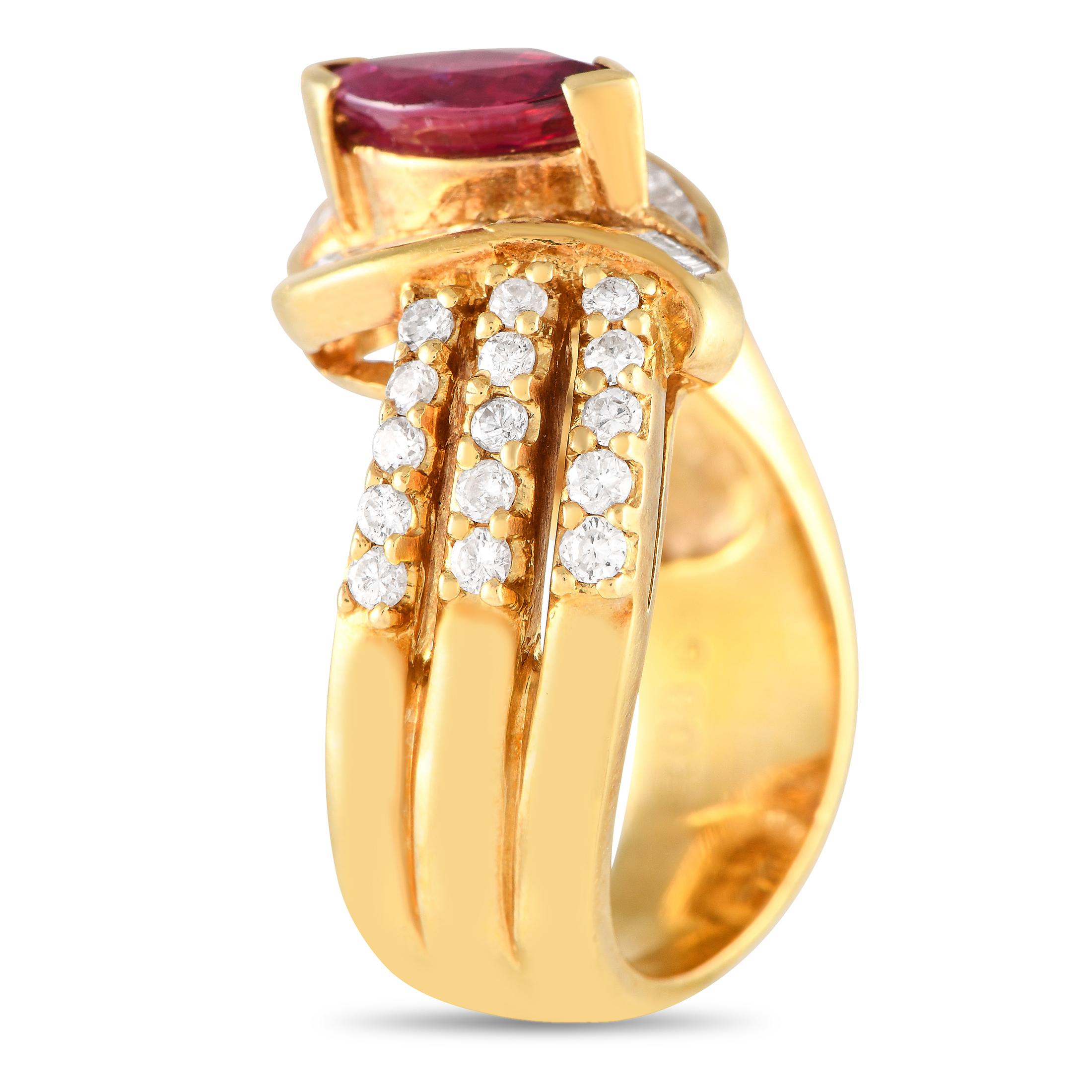 It's impossible not to notice the ultra-femme beauty of this ring. The shapely band features split shoulders that result in trios of slender, diamond-pave shanks. They lead to a contoured channel with baguette diamonds. Taking the spotlight is a
