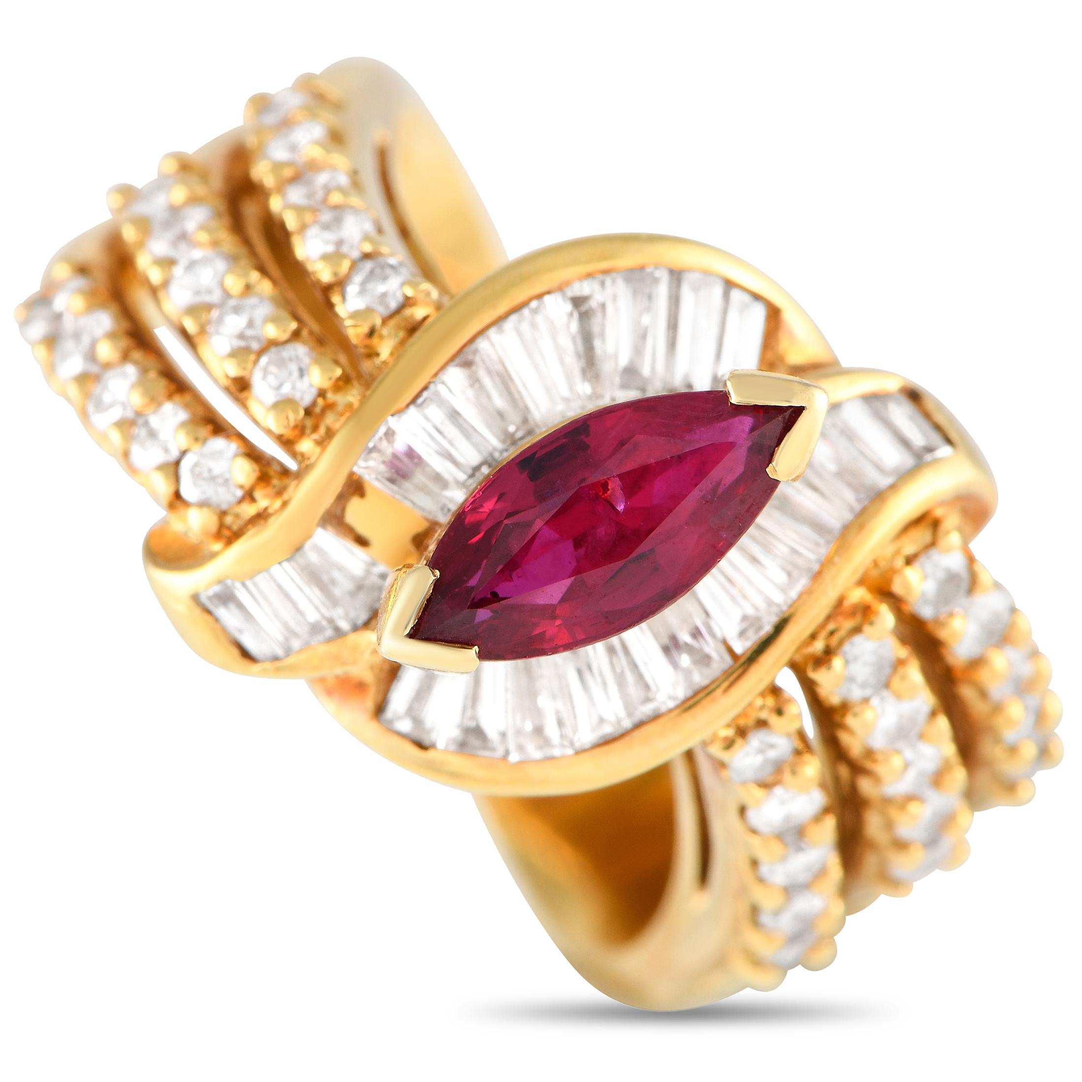 18K Yellow Gold 1.02ct Diamond and Ruby Swirl Split Ring In Excellent Condition For Sale In Southampton, PA