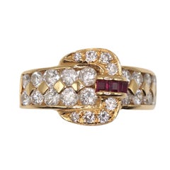 18K Yellow Gold 1.03 Carats Diamond and Ruby Belt-Style Ring