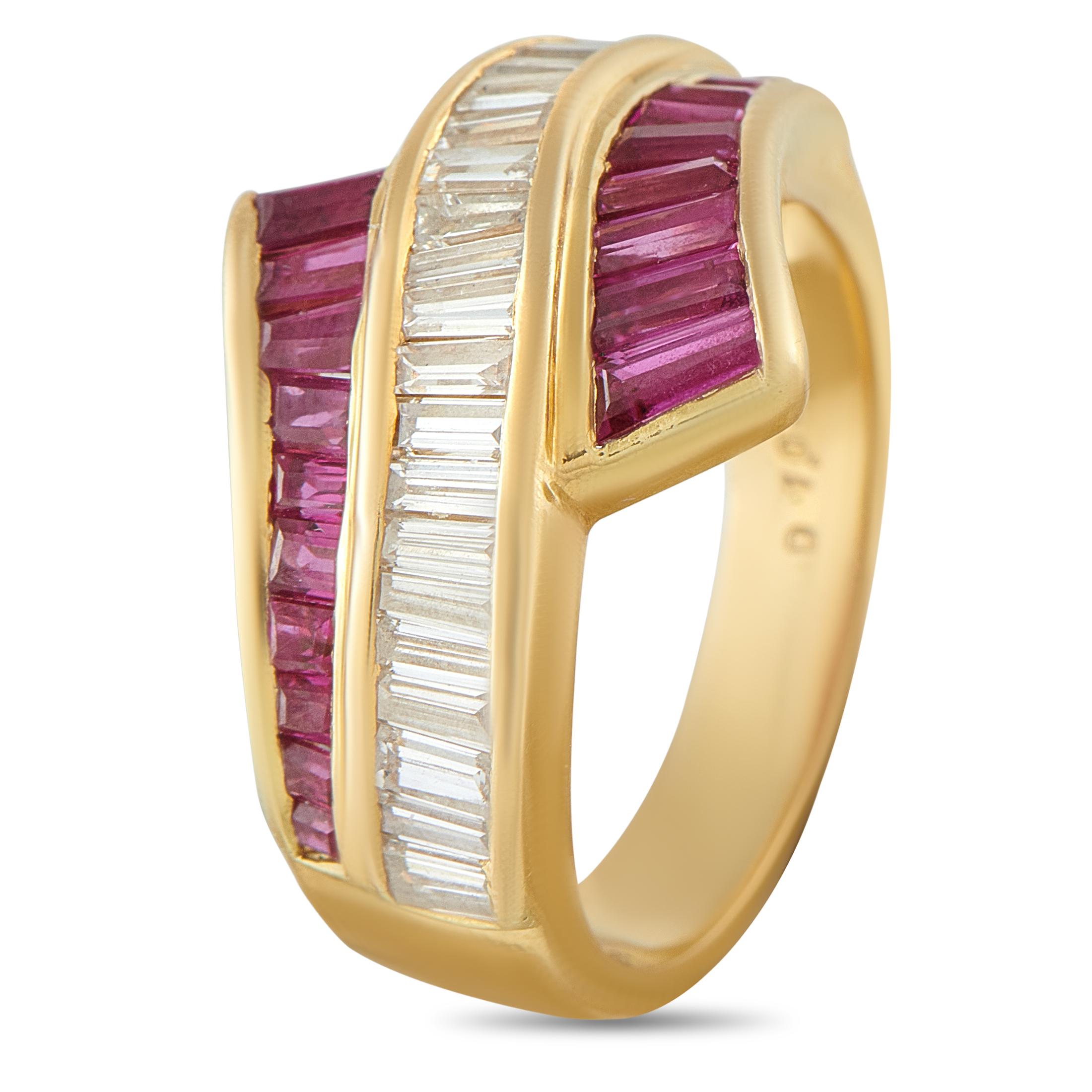 This radiant ring is filled with dynamic details. The opulent 18K Yellow Gold setting features gently curved lines that seemingly wrap around the finger. Diamonds totaling 1.06 carats make a statement at the center, while Ruby gemstones totaling