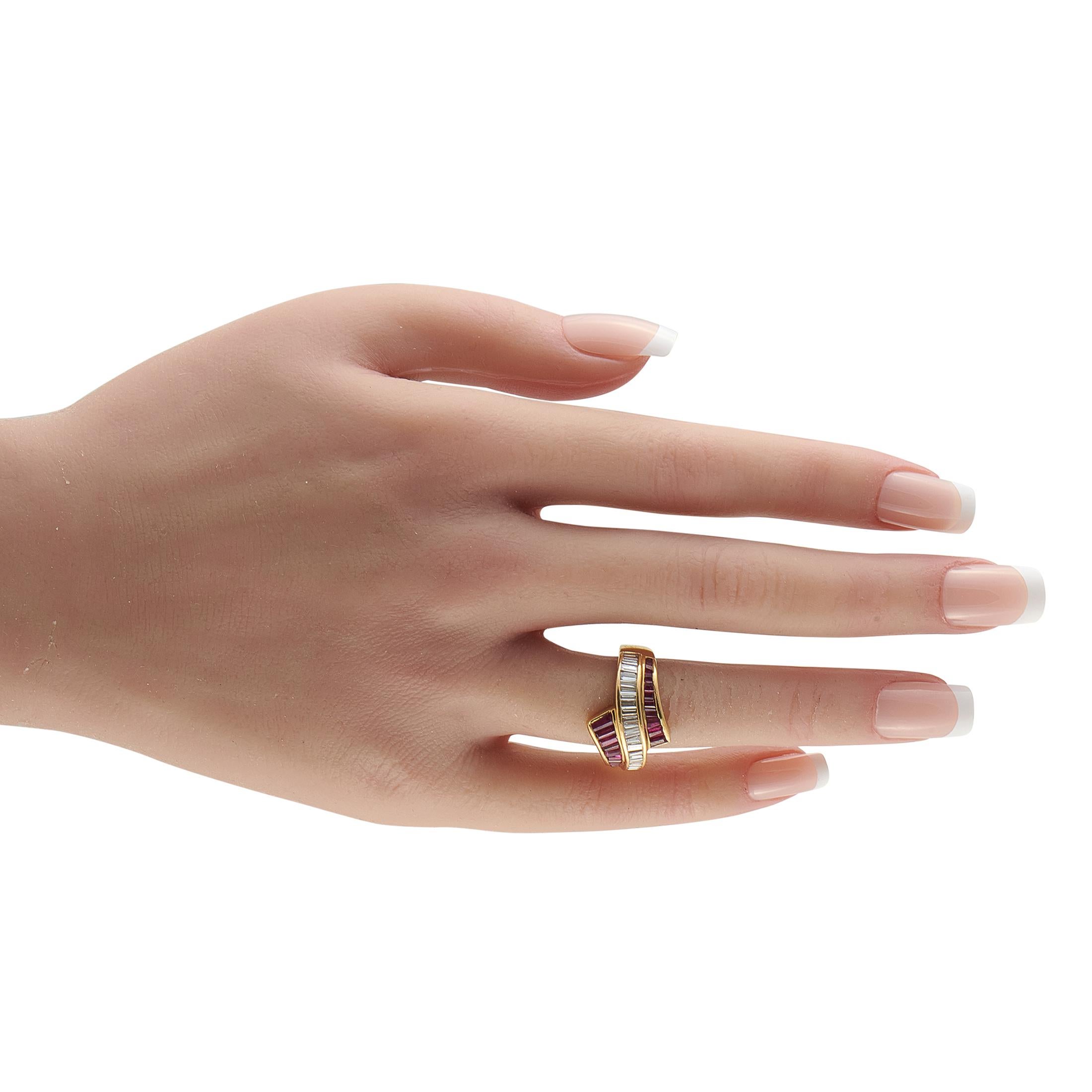 Baguette Cut 18K Yellow Gold 1.06ct Diamond and Ruby Ring MF08-101725 For Sale