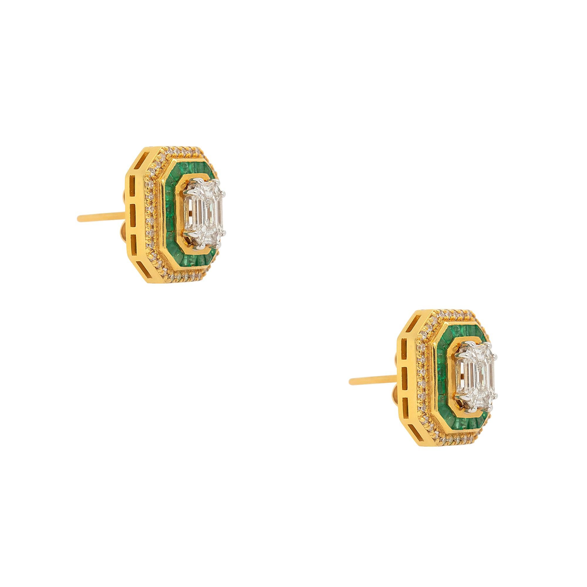 Earrin octogonal en or jaune 18 carats avec diamants de 1,07 carat et émeraudes de 1,28 carat en vente 3